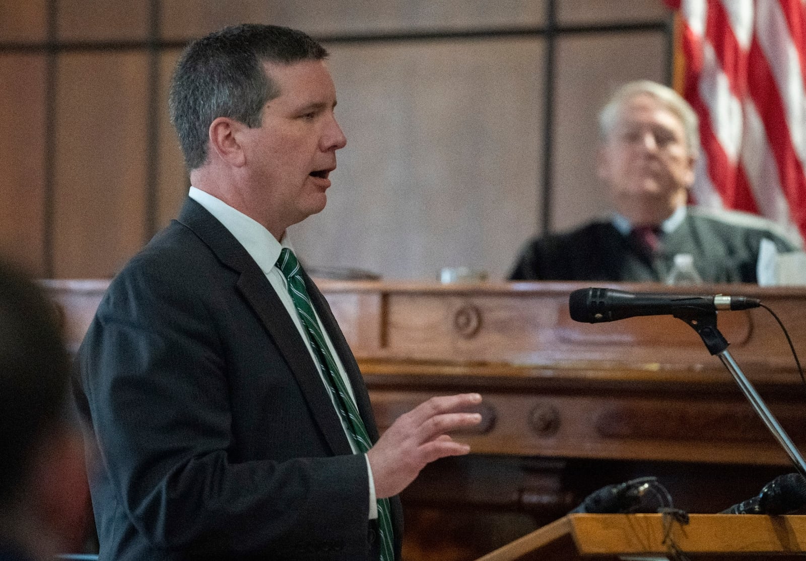 Assistant Monroe County Prosecutor Kenneth Lauren makes closing arguments during the trial for Marshella Chidester at the Monroe County Courthouse, Thursday, March 6, 2025, in Monroe, Mich. (Mandi Wright/Detroit Free Press via AP)