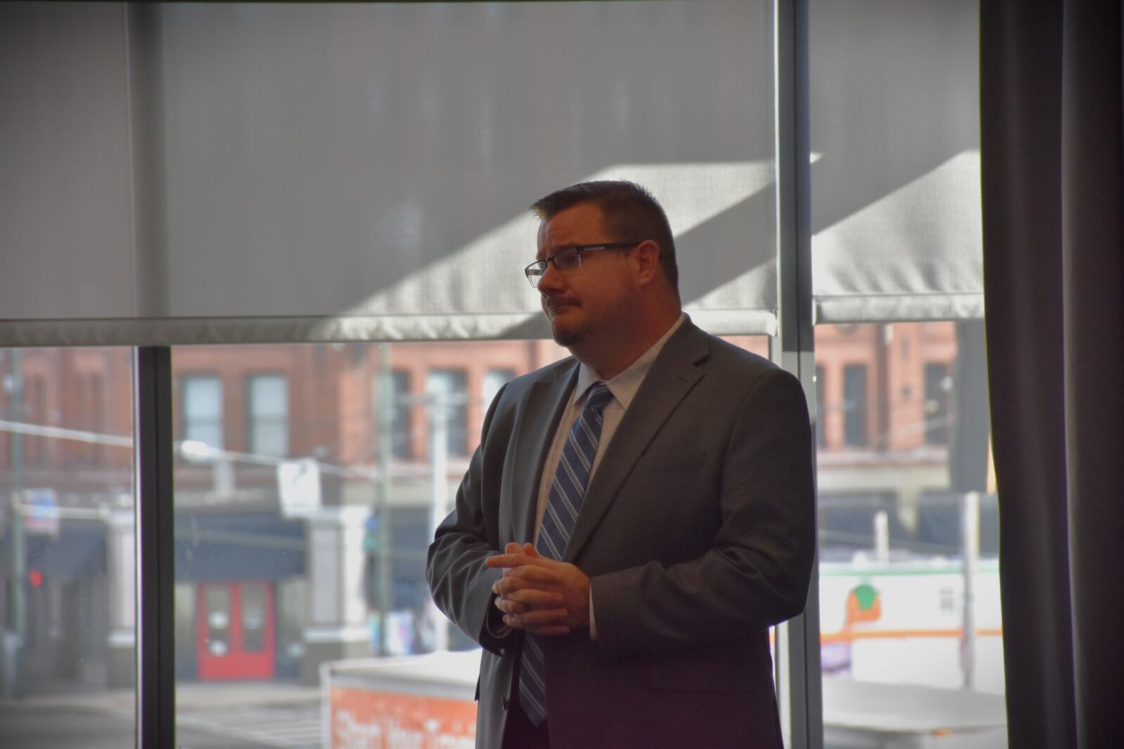 John Easterly, executive director of All Aboard Ohio, discusses a new potential passenger rail route connecting Dayton to Cleveland, Columbus and Cincinnati (known as the 3-C+D corridor). Easterly was part of a whistle stop tour at the Dayton Metro Library on Thursday, Jan. 11, 2024. CORNELIUS FROLIK / STAFF