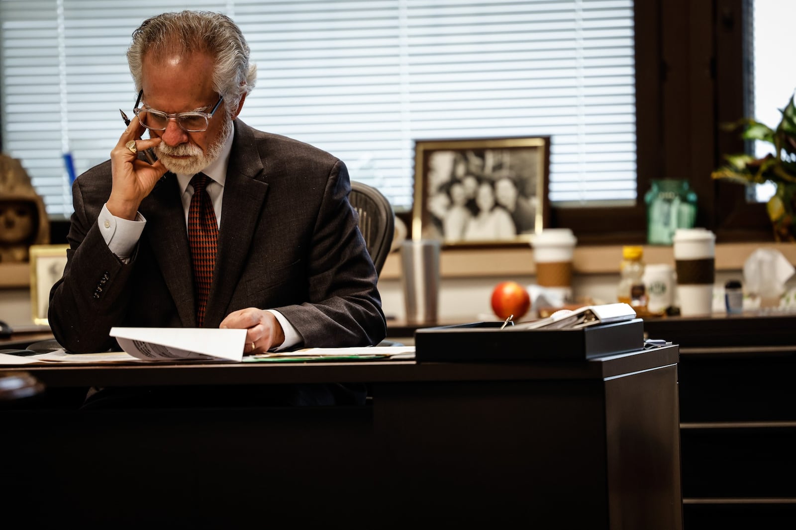 Dayton VA Director, Mark Murdock in his office at the VA Medical Center. The VA is producing monthly, "tele town halls" where the hospital invites hundreds of patients to participate on the calls to help to serve the veterans better. JIM NOELKER/STAFF