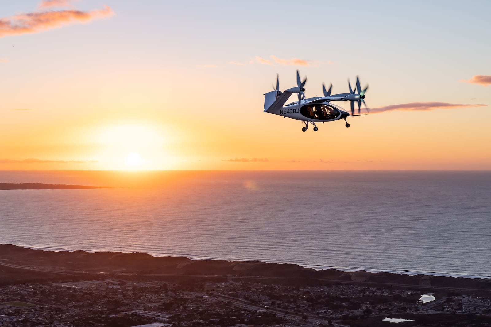 Joby’s all-electric aircraft in flight above Marina, California. Joby Aviation photo