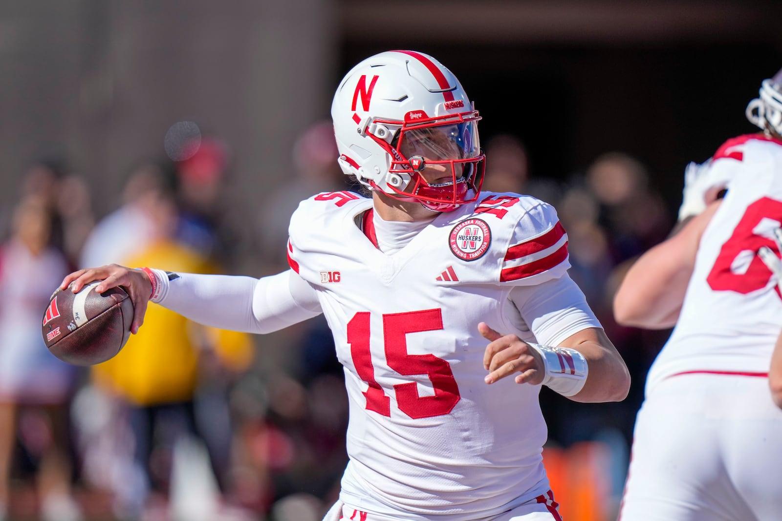 Nebraska quarterback Dylan Raiola (15) throws against Indiana during the first half of an NCAA college football game in Bloomington, Ind., Saturday, Oct. 19, 2024. (AP Photo/AJ Mast)