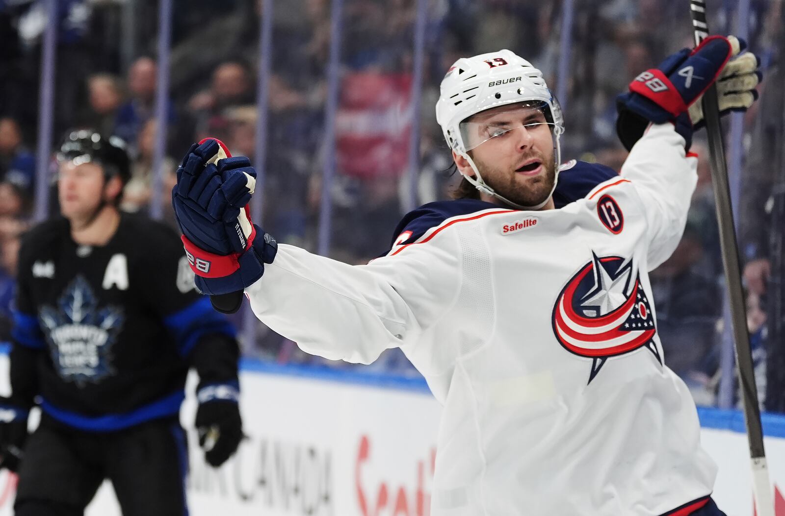 Columbus Blue Jackets' Adam Fantilli celebrates his shorthanded goal against the Toronto Maple Leafs during the first period of an NHL hockey game in Toronto on Wednesday, January 22, 2025. (Frank Gunn/The Canadian Press via AP)