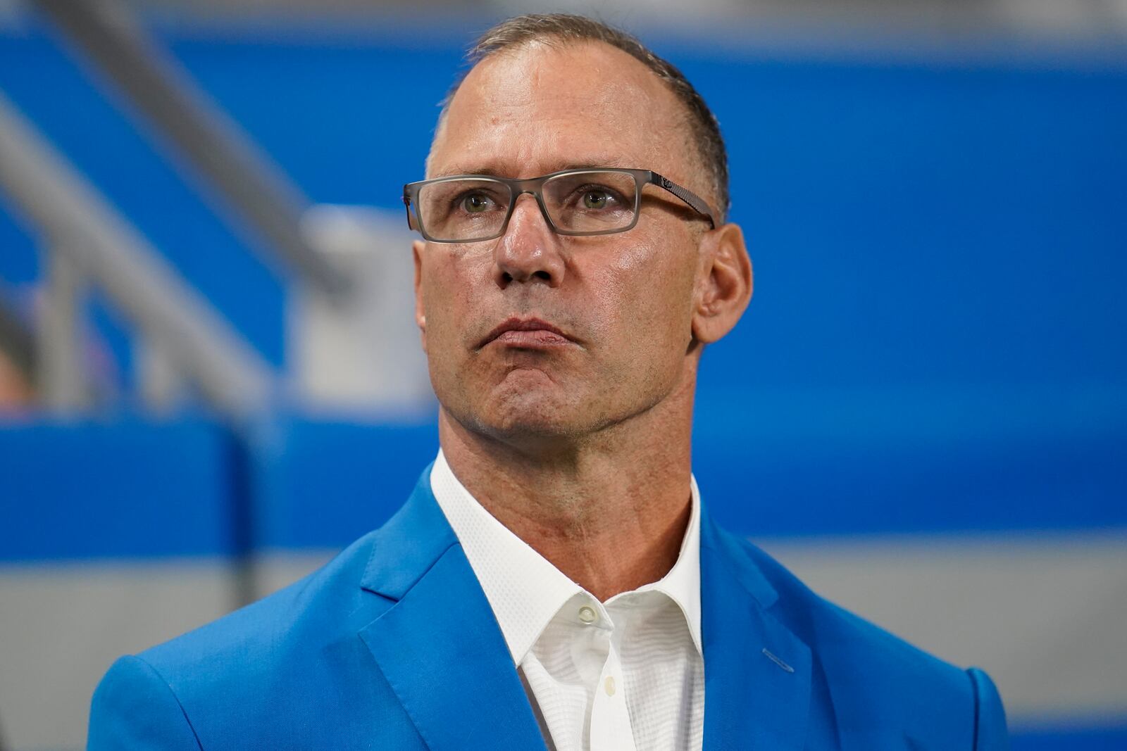 FILE - Chris Spielman, Detroit Lions Special Assistant to President, CEO and Chairperson, watches during an NFL football game against the Philadelphia Eagles in Detroit, Sunday, Oct. 31, 2021. (AP Photo/Paul Sancya, File)