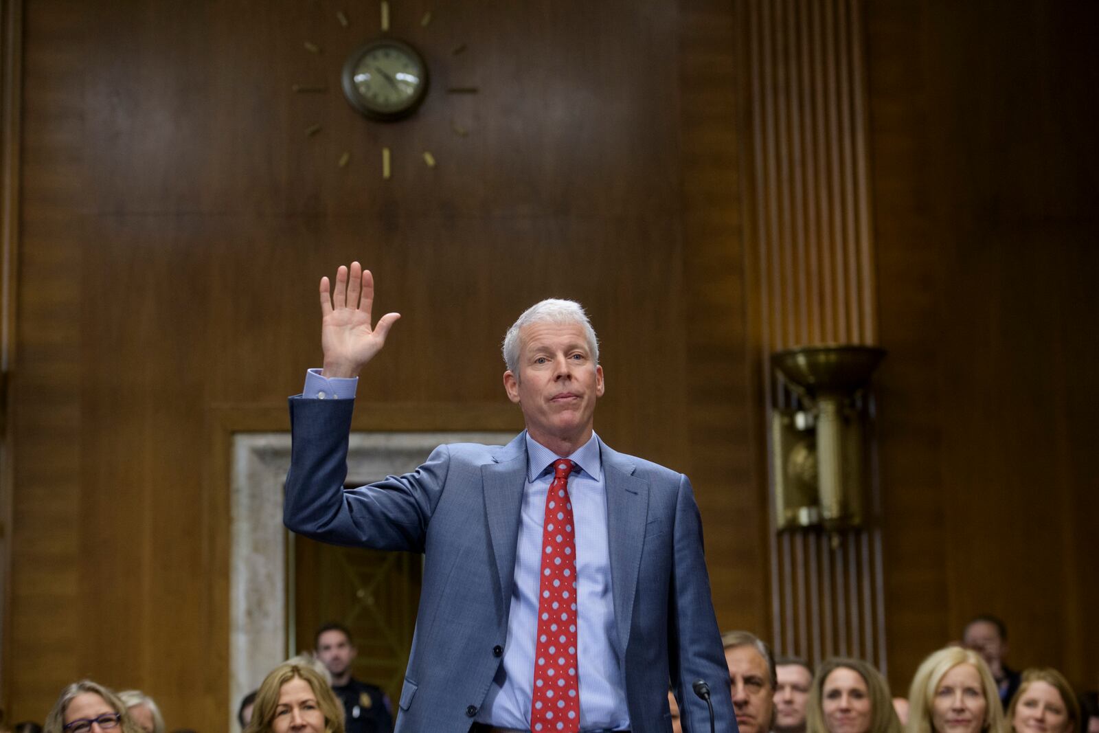 Chris Wright, President-elect Donald Trump's nominee to be Secretary of Energy is sworn-in during a Senate Committee on Energy and Natural Resources hearing for his pending confirmation, on Capitol Hill, Wednesday, Jan. 15, 2025, in Washington. (AP Photo/Rod Lamkey, Jr.)