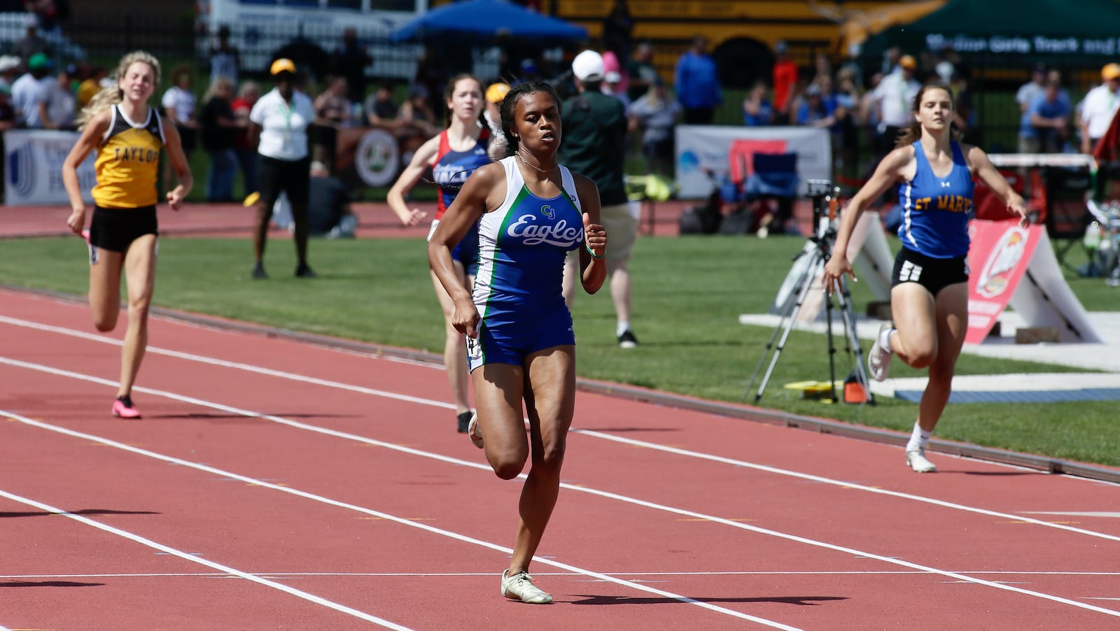 Chaminade Julienne's Jadyn Haywood races in the preliminaries of the 200-meter dash Jadyn Haywood in the Division II state track championship on Friday, June 3, 2022, at Jesse Owens Memorial Stadium in Columbus. David Jablonski/Staff