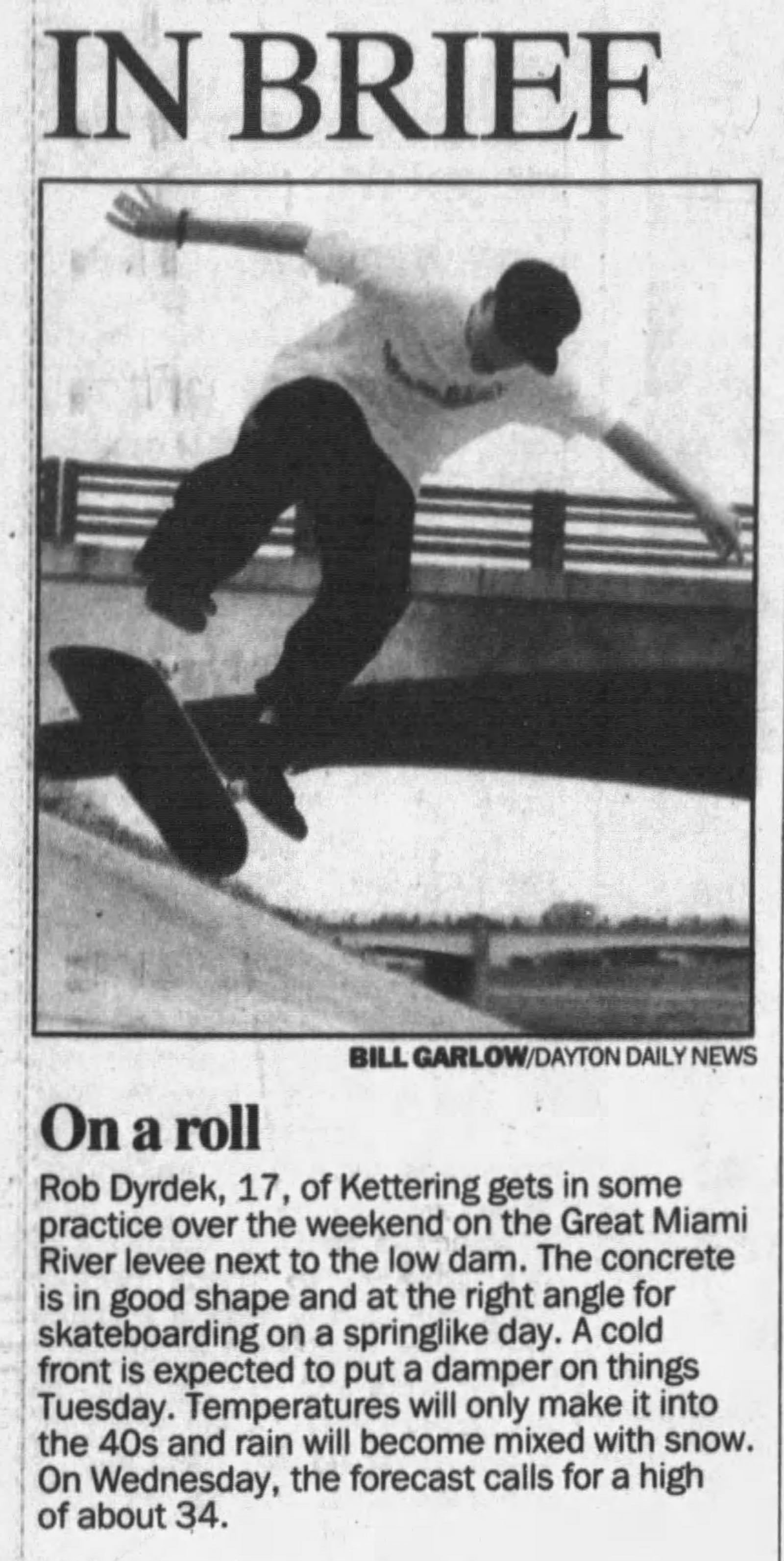 Rob Dyrdek from the Dayton Daily News from March 1992. Dyrdek was skating at the Great Miami River levee next to the low dam in Kettering. BILL GARLOW / STAFF