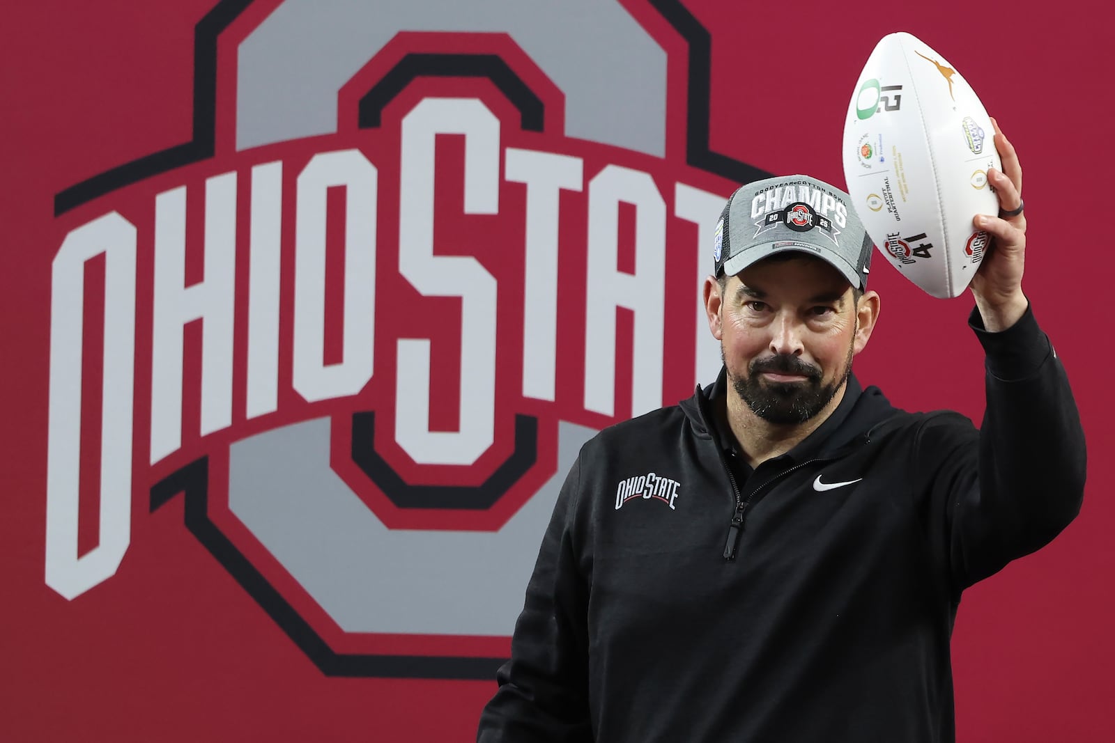 Ohio State head coach Ryan Day celebrates after the Cotton Bowl College Football Playoff semifinal game against Texas, Friday, Jan. 10, 2025, in Arlington, Texas. (AP Photo/Gareth Patterson)