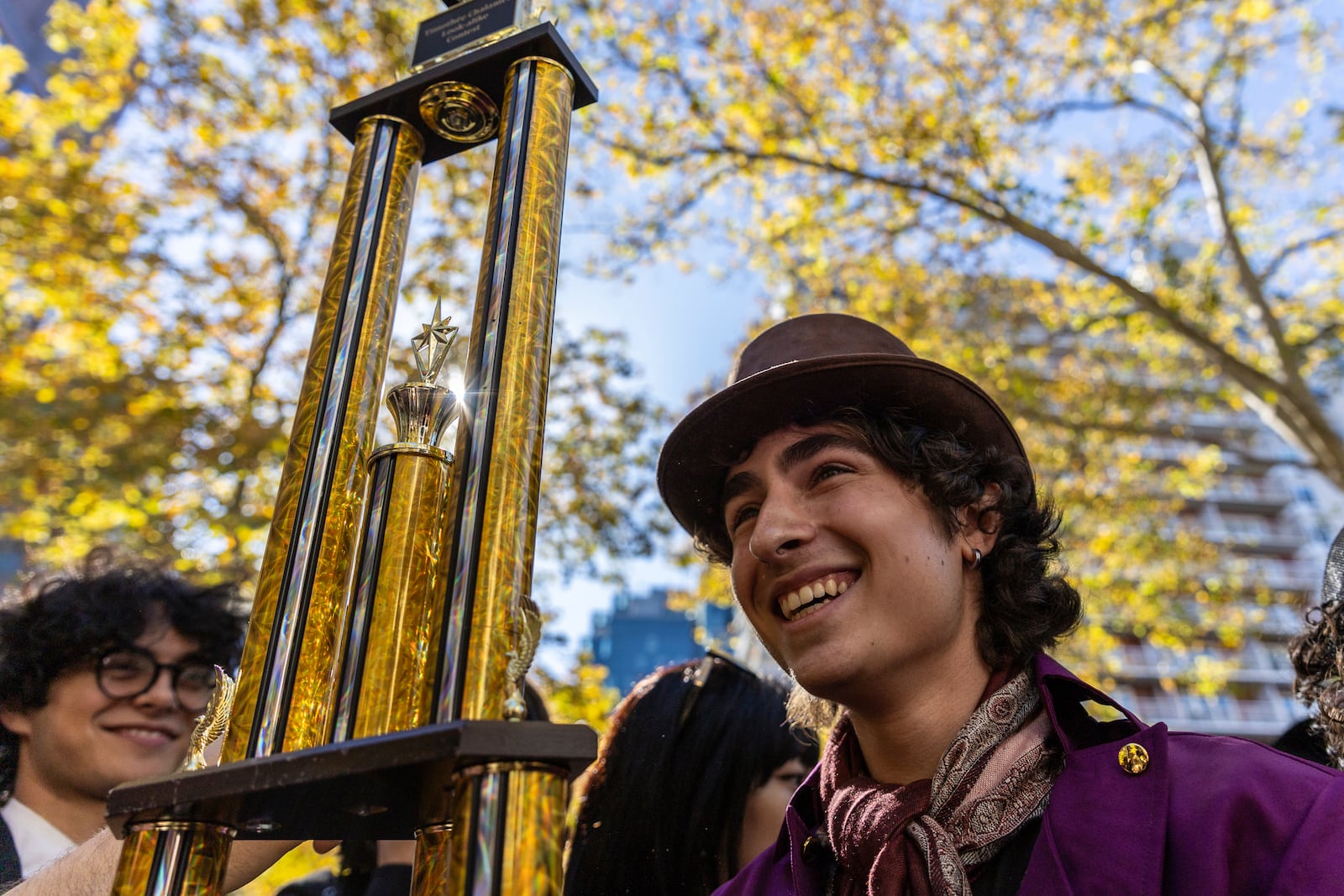 Miles Mitchel, 21, winner of the Timothee Chalomet lookalike contest held near Washington Square Park, Sunday, Oct. 27, 2024, in New York. (AP Photo/Stefan Jeremiah)