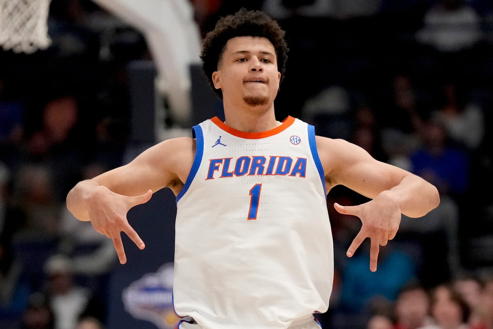 FILE - Florida guard Walter Clayton Jr. (1) reacts to a basket against Alabama during the second half of an NCAA college basketball game in the semifinals of the Southeastern Conference tournament, Saturday, March 15, 2025, in Nashville, Tenn. (AP Photo/George Walker IV, File(