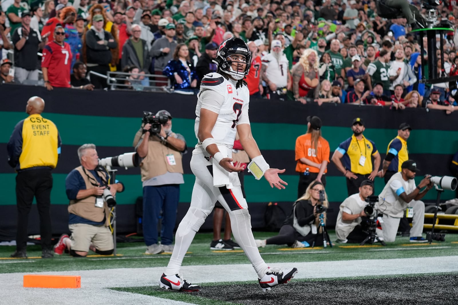 Houston Texans quarterback C.J. Stroud reacts after an incomplete pass during the second half of an NFL football game against the New York Jets, Thursday, Oct. 31, 2024, in East Rutherford, N.J. (AP Photo/Seth Wenig)