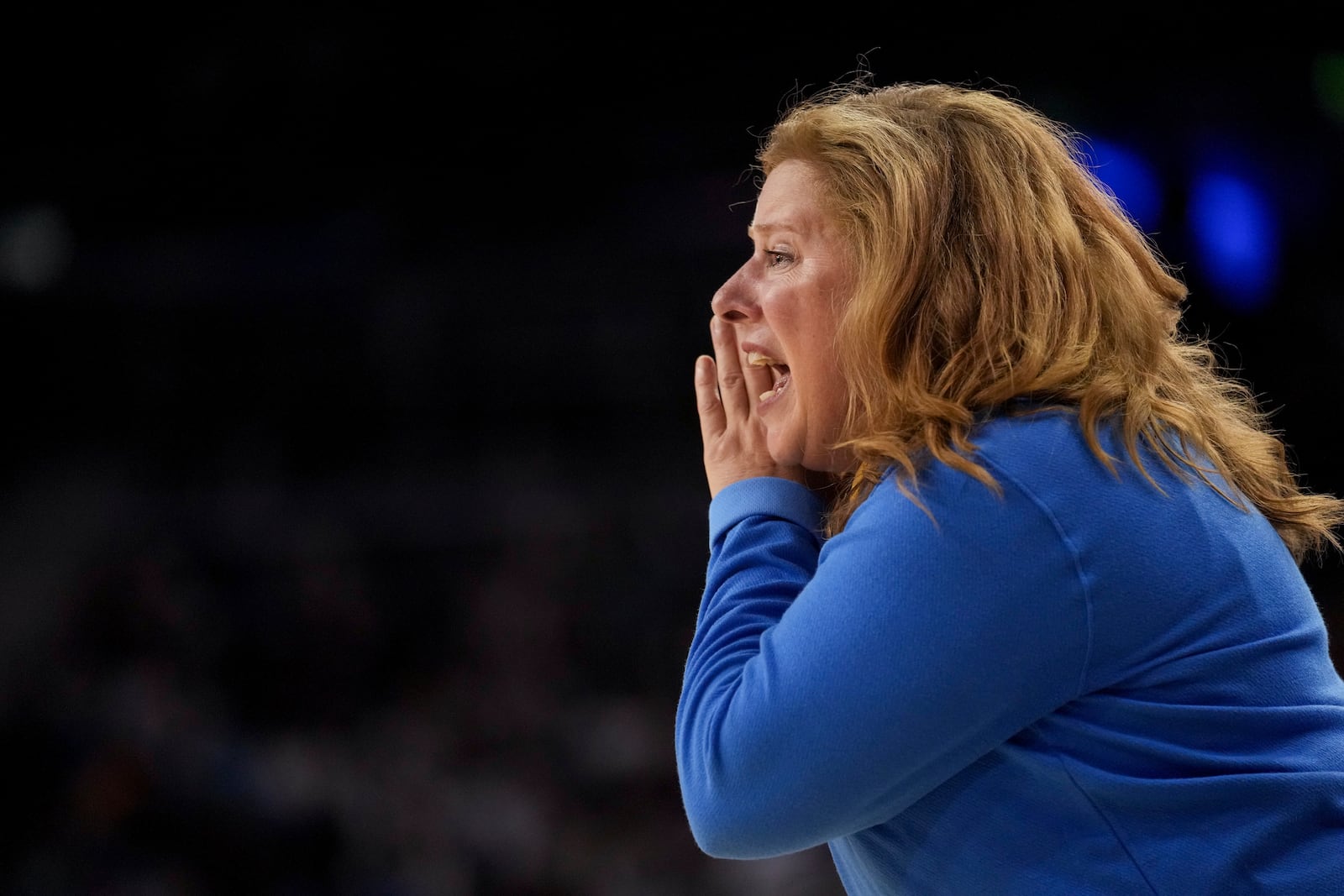 UCLA head coach Cori Close instructs her players during the first half of an NCAA college basketball game against South Carolina, Sunday, Nov. 24, 2024, in Los Angeles. (AP Photo/Eric Thayer)