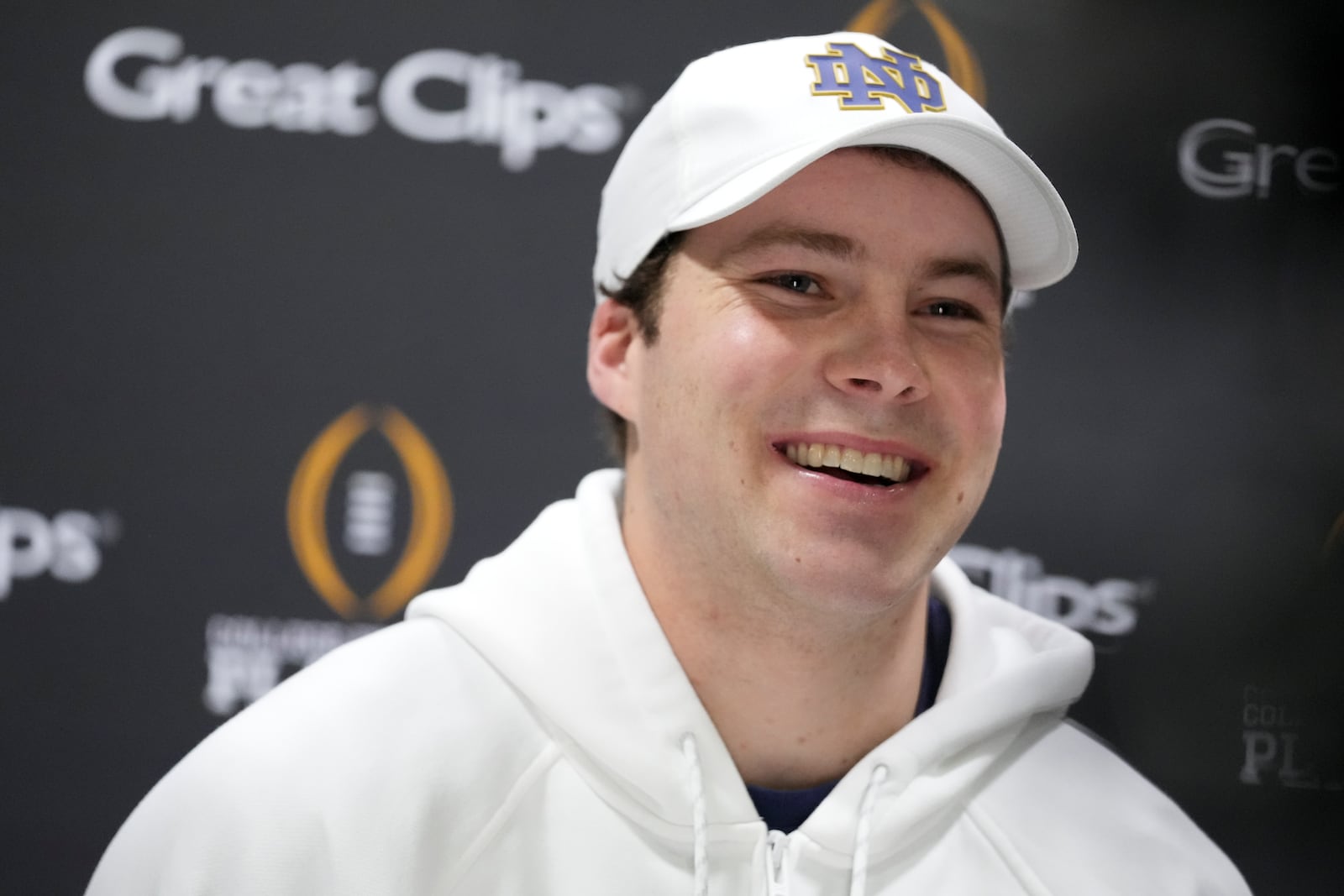 Notre Dame quarterback Riley Leonard during media day ahead of the national championship NCAA College Football Playoff game between Ohio State and Notre Dame Saturday, Jan. 18, 2025, in Atlanta. The game will be played on Monday. (AP Photo/Brynn Anderson)