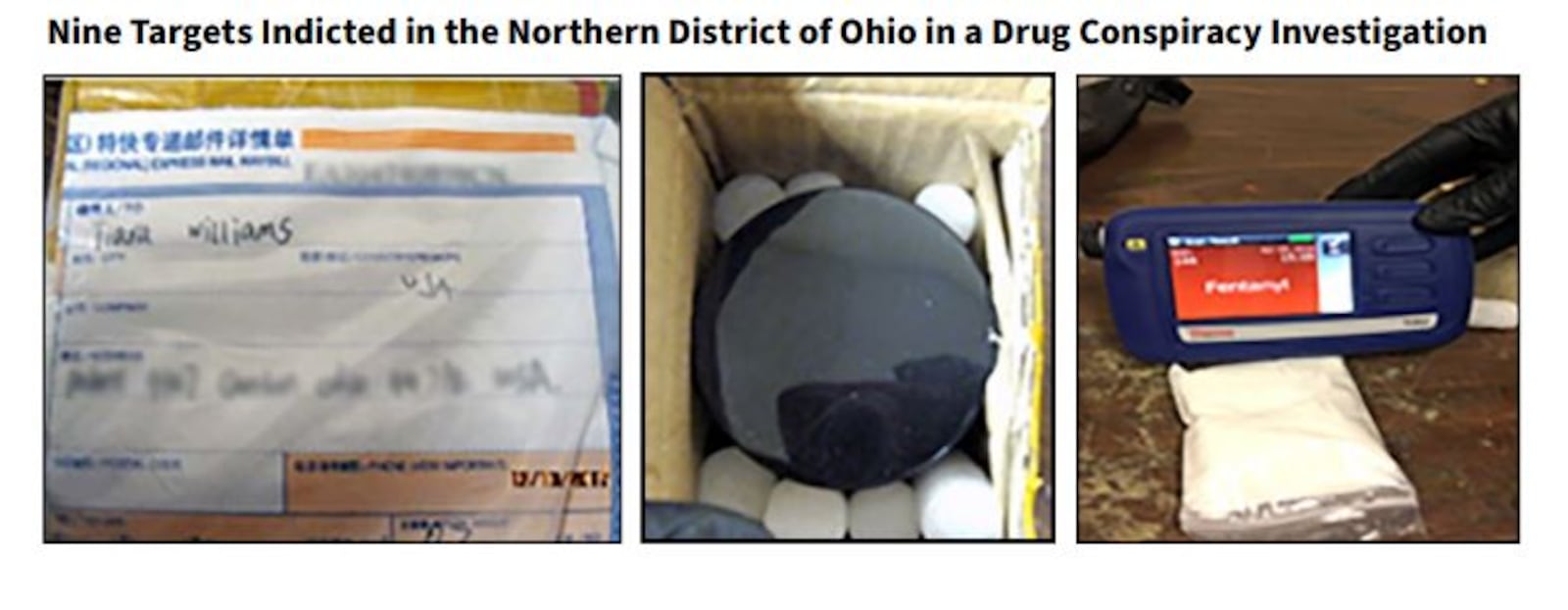 Postal inspectors helped takedown a drug-trafficking operation in Ohio that received kilos of fentanyl from China. International mail parcels were sent from China to post office boxes in Akron. CONTRIBUTED