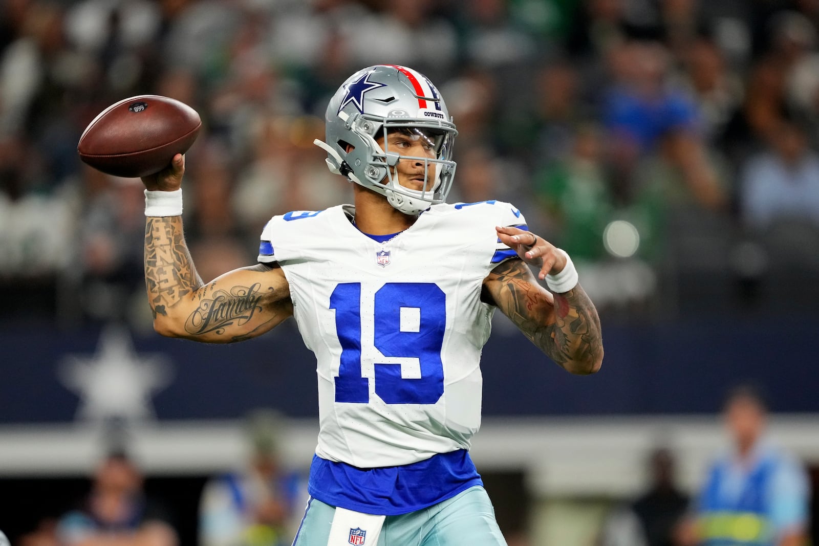 Dallas Cowboys quarterback Trey Lance throws a pass in the second half of an NFL football game against the Philadelphia Eagles in Arlington, Texas, Sunday, Nov. 10, 2024. (AP Photo/Jeffrey McWhorter)