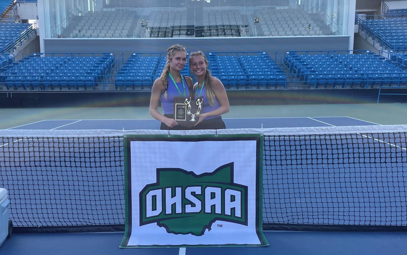 Eaton's Hitchcock sisters -- Macy (right) and Mallory -- teamed up to win the Division II state doubles title Saturday at the Lindner Family Tennis Center in Mason. OHSAA photo