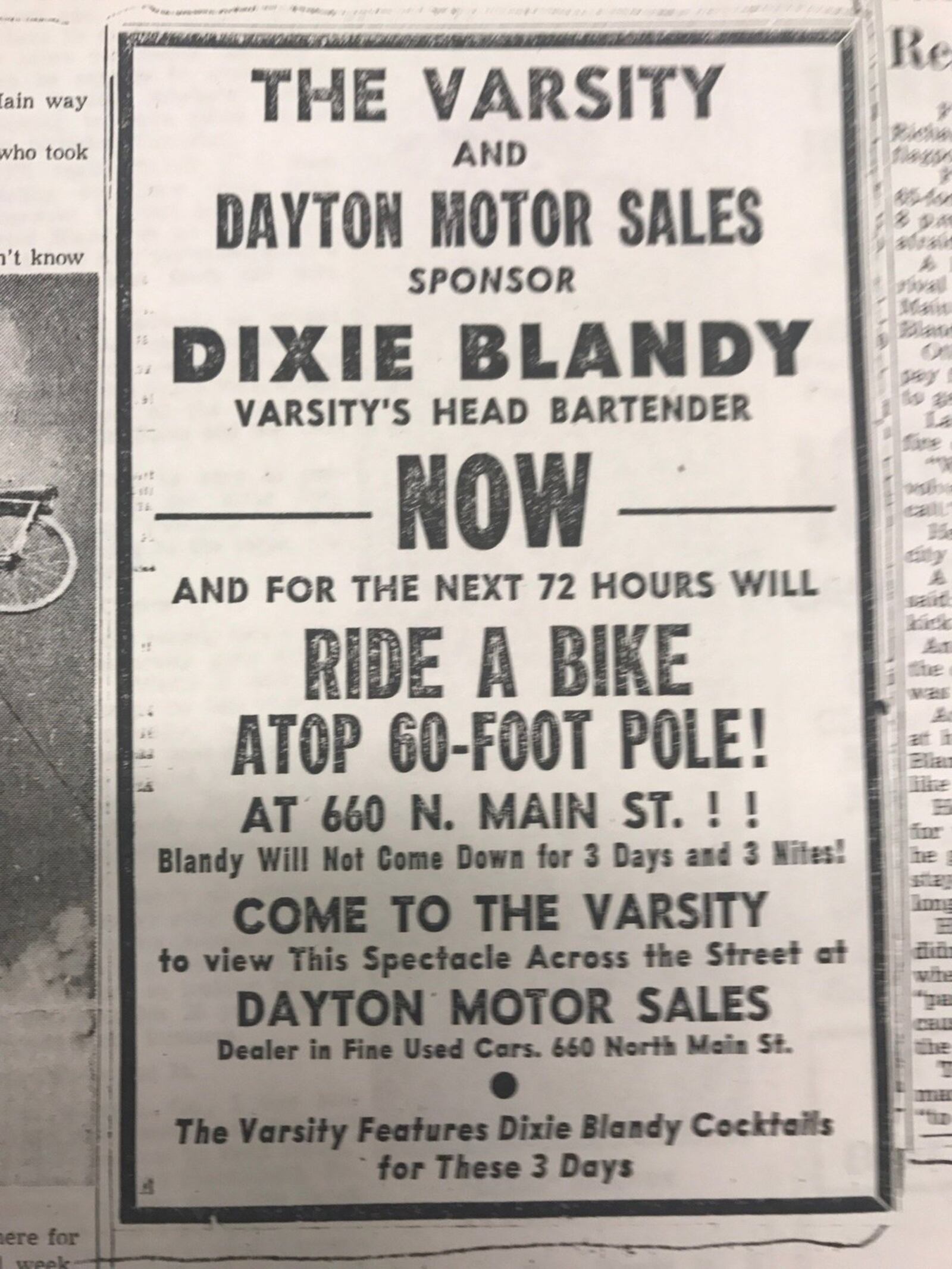 Buckeye Dixie Blandy, a former boxer and endurance cyclist who became world champion pole sitter (and Dayton bartender). Photo courtesy Wright State University Libraries, Special Collections and Archives