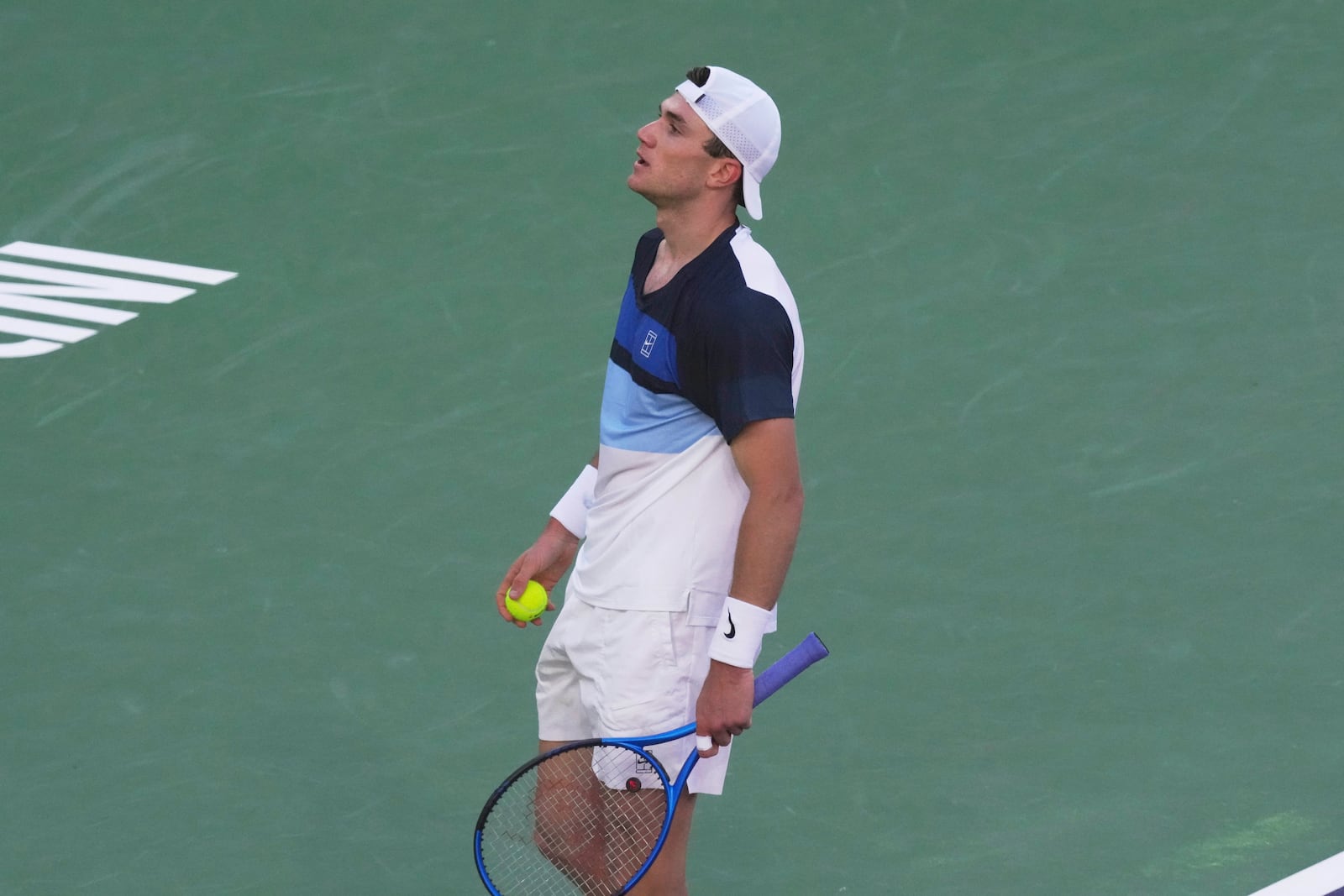 Jack Draper, of Great Britain, reacts after defeating Carlos Alcaraz, of Spain, in their semifinals match at the BNP Paribas Open tennis tournament Saturday, March 15, 2025, in Indian Wells, Calif. (AP Photo/Mark J. Terrill)