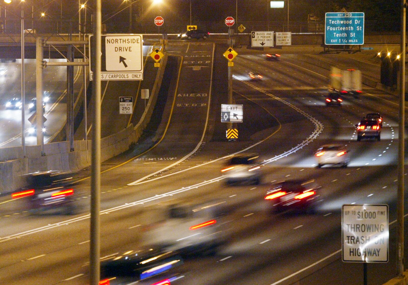 A view of the Northside Drive exit on May 9 HOV, high occupancy vehicles only, lane where Jerome Neimeyer drove the bus up the ramp, left and over the other side of the overpass.Staff Photo by Teesha McClam