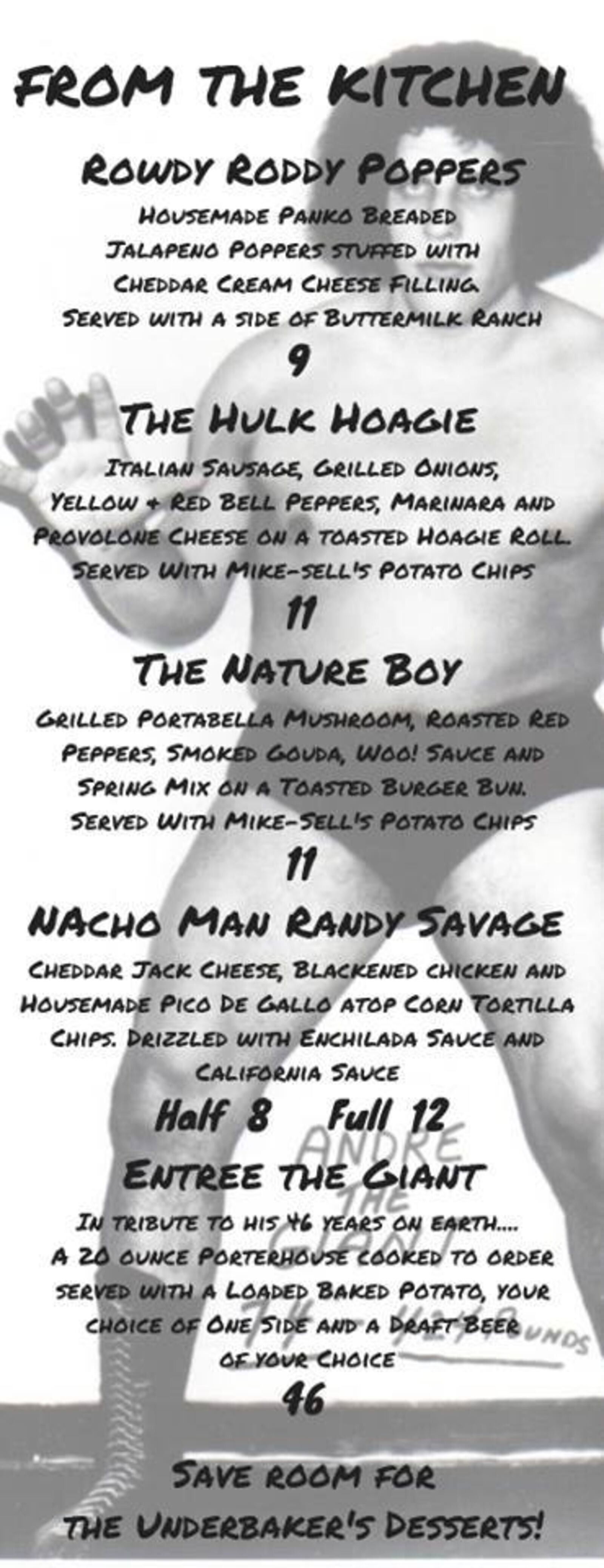 The menu for Jimmie's Ladder 11's Andre the Giant birthday celebration.