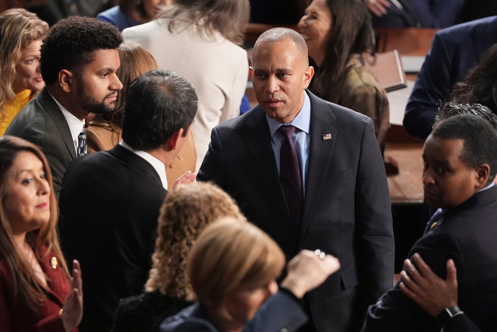 House Minority Leader Hakeem Jeffries, D-N.Y., right, and Rep. Maxwell Frost, D-Fla., left, are pictured as the House of Representatives meets to elect a speaker and convene the new 119th Congress at the Capitol in Washington, Friday, Jan. 3, 2025. (AP Photo/Jacquelyn Martin)