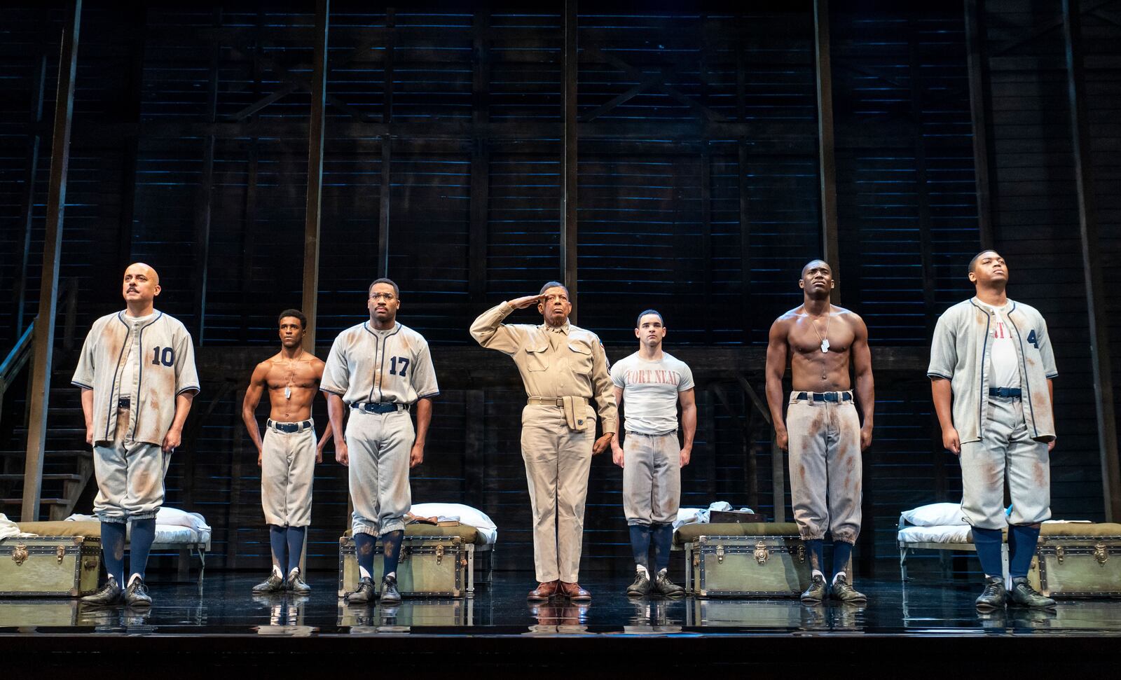 Eugene Lee (center), as Sergeant Vernon C. Waters, and the cast of the national tour of "A Soldier's Play."