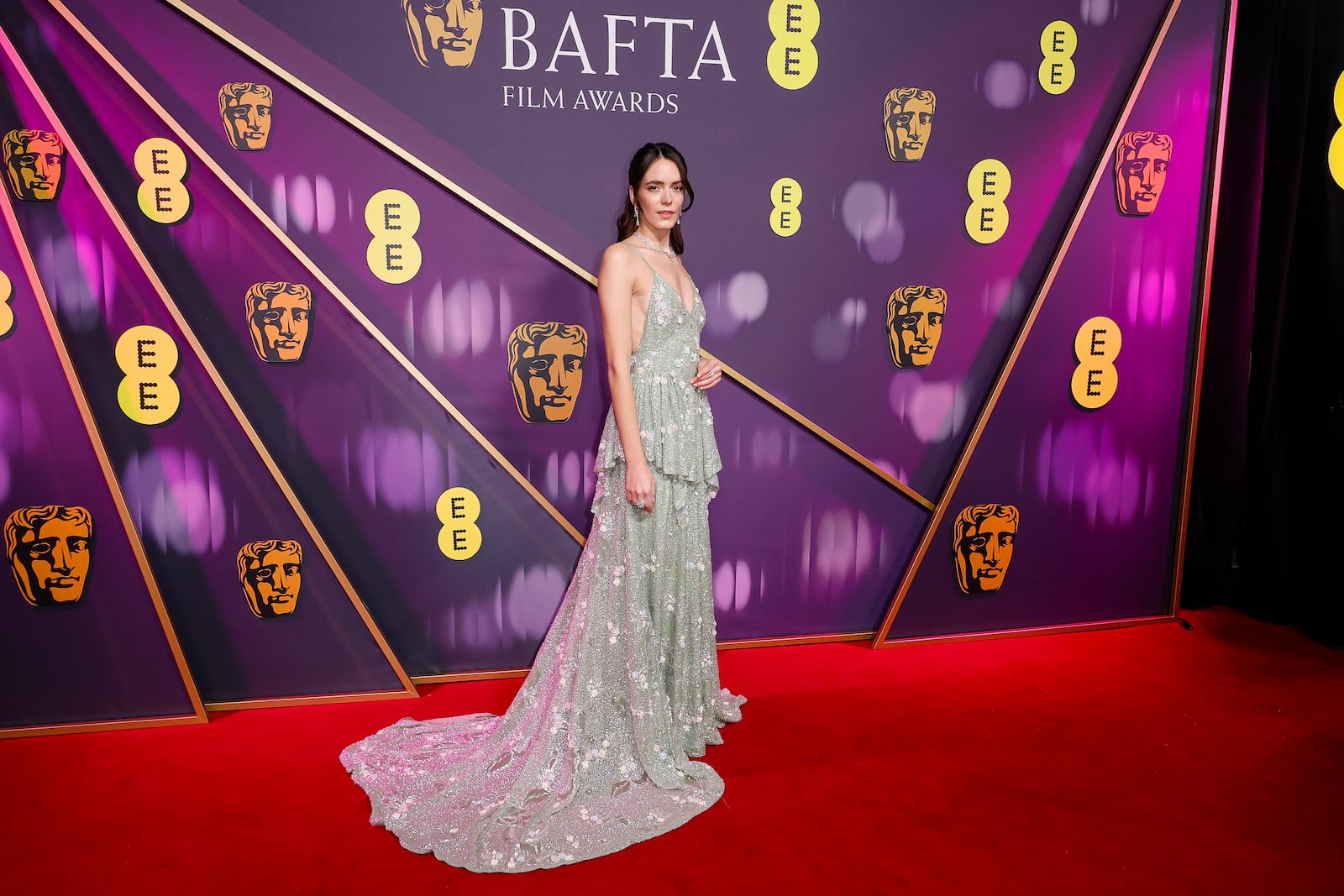 Stacy Martin poses for photographers upon arrival at the 78th British Academy Film Awards, BAFTA's, in London, Sunday, Feb. 16, 2025. (Photo by Joel C Ryan/Invision/AP)