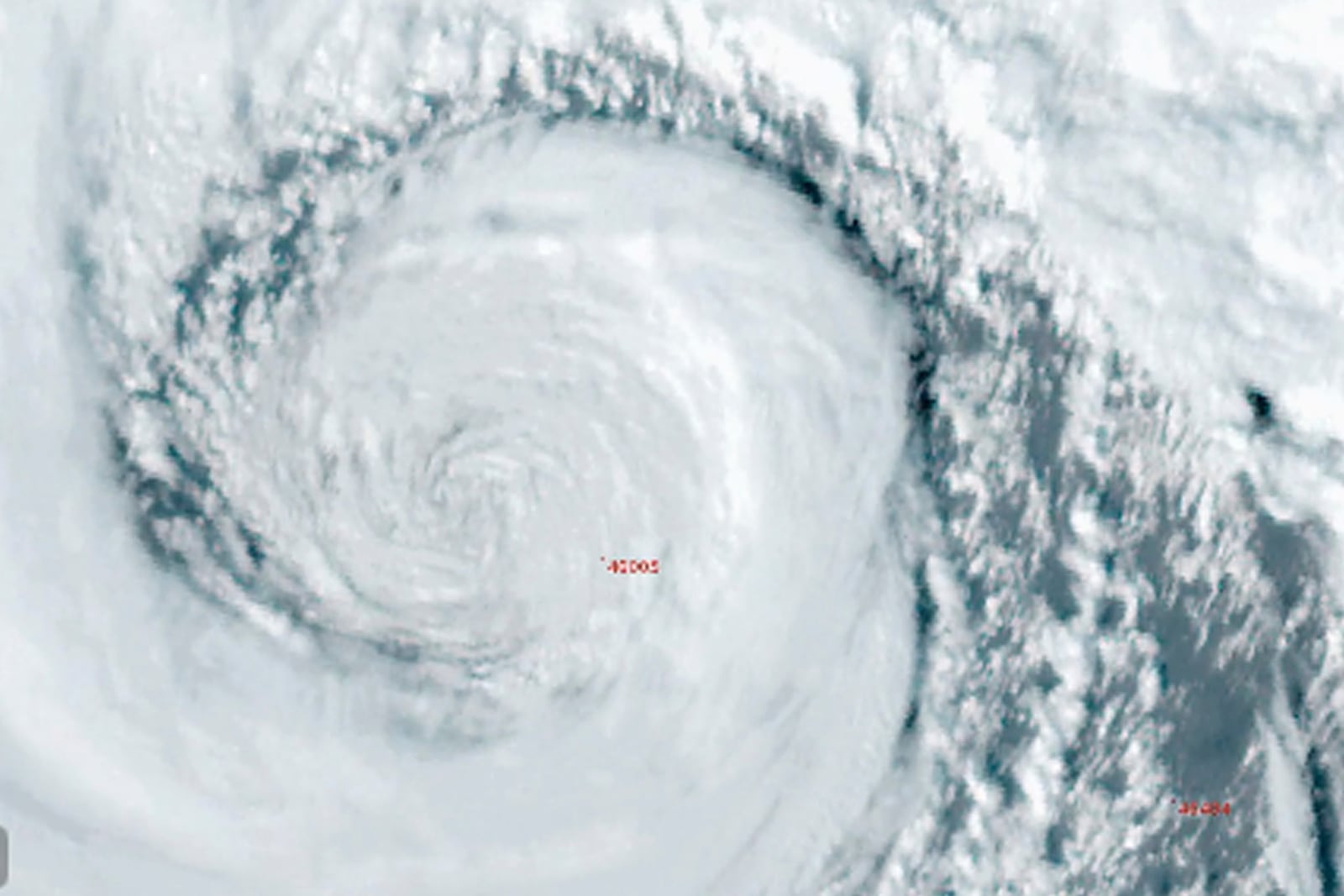 In this image made from video provided by National Weather Service Portland a powerful storm also called a 'bomb cyclone' rotates off the U.S. West Coast on Tuesday, Nov. 19, 2024. (National Weather Service Portland via AP)