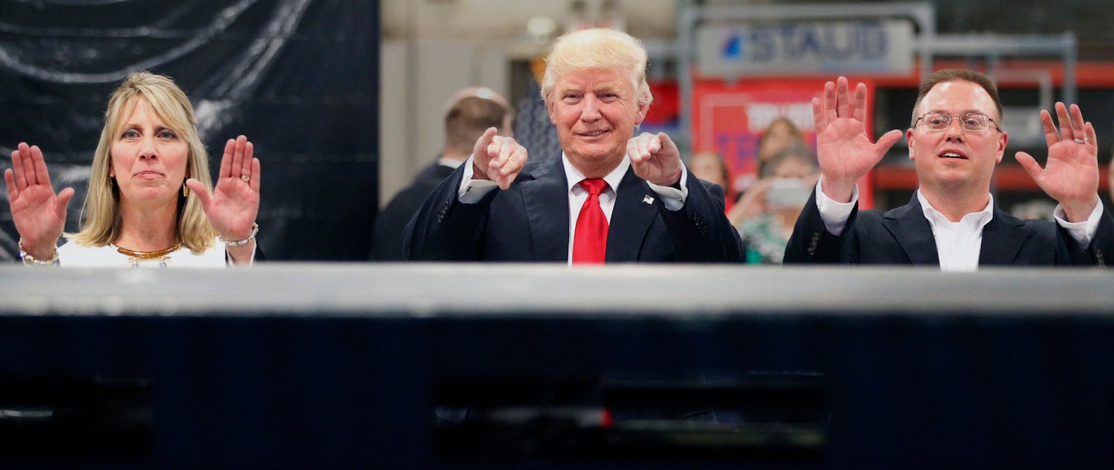 Presidential candidate Donald Trump visited Dayton on Wednesday evening where he attended a roundtable discussion hosted by Steve Staub, president of Staub Manufacturing Solutions and his sister, Sandy Keplinger, vice president.  Staub employees and Bobby Knight also spoke and visited with Trump.  TY GREENLEES / STAFF