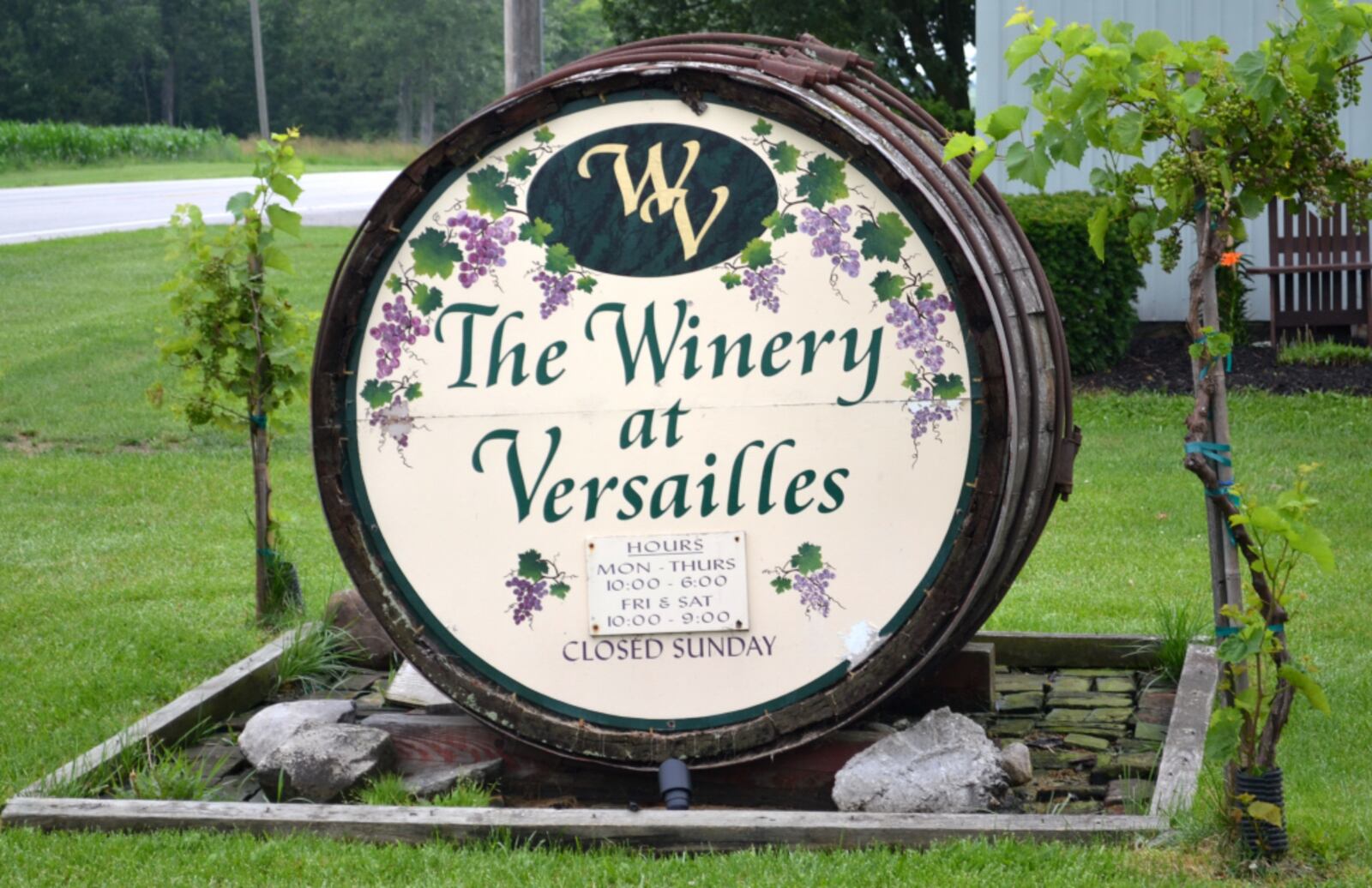 The wine-cask sign in front of the Winery at Versailles. Staff photo by Mark Fisher