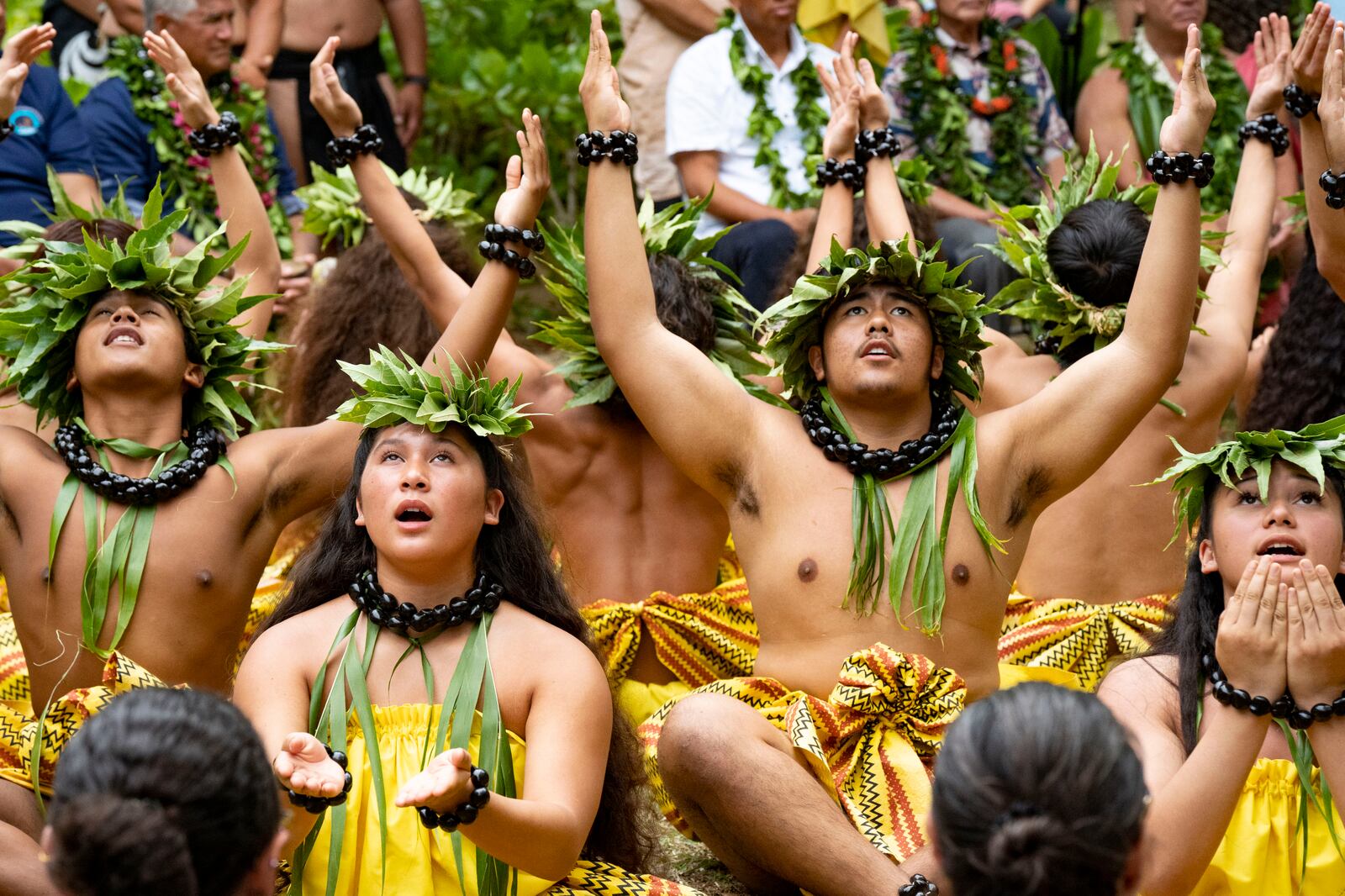 Kamehameha Schools Hawaiian Ensemble dancers perform during Hokulea's 50th birthday commemoration at Kualoa Regional Park, Saturday, March 8, 2025, in Kaneohe, Hawaii. (AP Photo/Mengshin Lin)