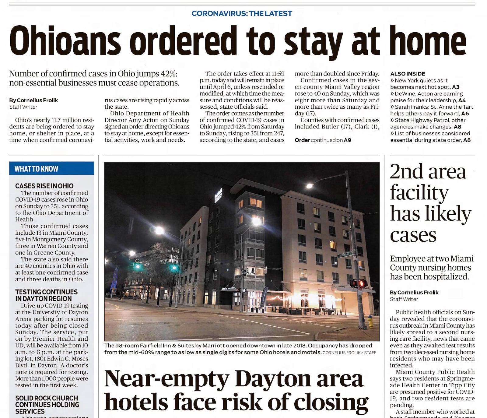 The front page of the Dayton Daily News, March 23, 2020. DAYTON DAILY NEWS ARCHIVES