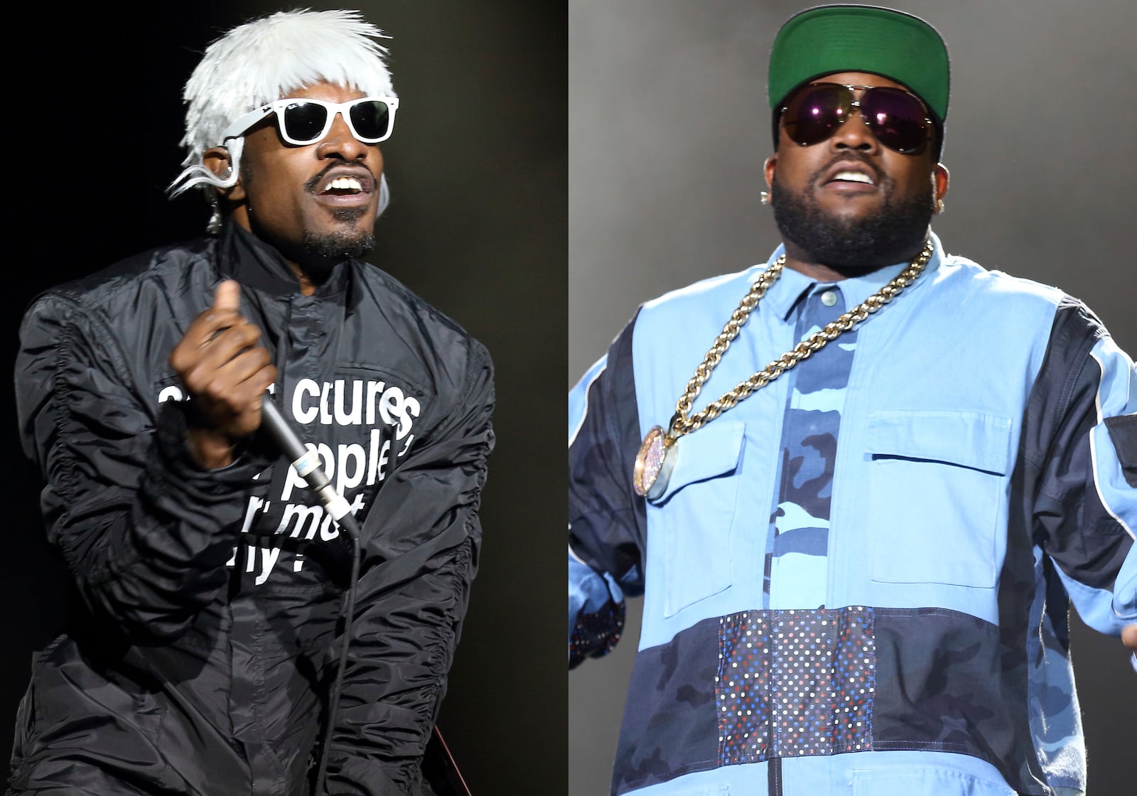 This combination of photos shows Andre3000, left, and Big Boi of Outkast performing at Lollapalooza in Chicago's Grant Park on Aug. 2, 2014. (Photos by Steve C. Mitchell/Invision/AP)