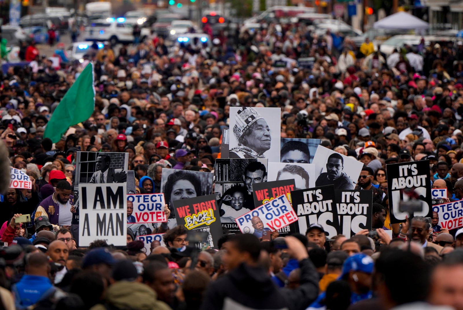 People march during the 60th anniversary of the march to ensure that African Americans could exercise their constitutional right to vote, Sunday, March 9, 2025, in Selma, Ala. (AP Photo/Mike Stewart)