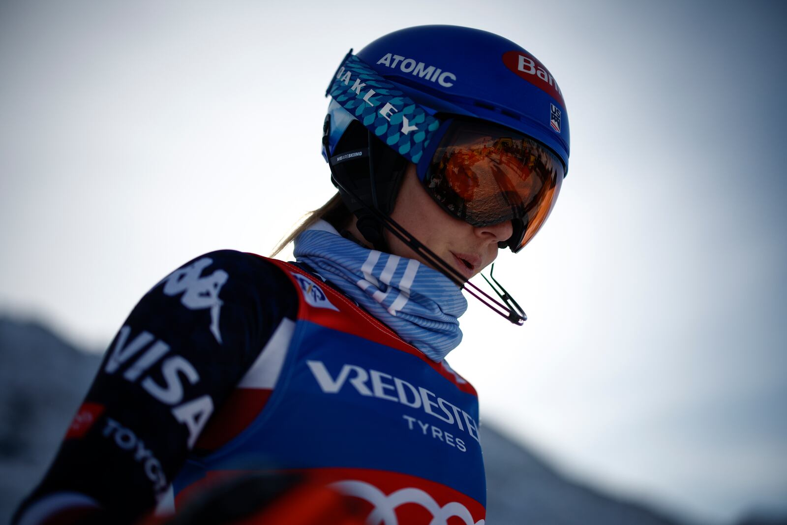 United States' Mikaela Shiffrin concentrates ahead of an alpine ski, women's World Cup slalom, in Gurgl, Austria, Saturday, Nov. 23, 2024. (AP Photo/Gabriele Facciotti)