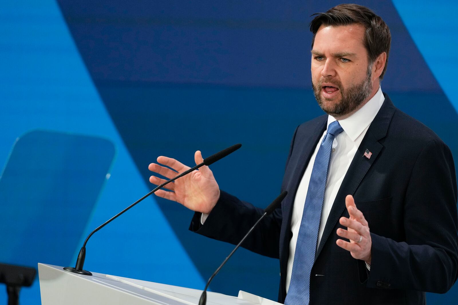 United States Vice-President JD Vance addresses the audience during the Munich Security Conference at the Bayerischer Hof Hotel in Munich, Germany, Friday, Feb. 14, 2025. (AP Photo/Matthias Schrader)