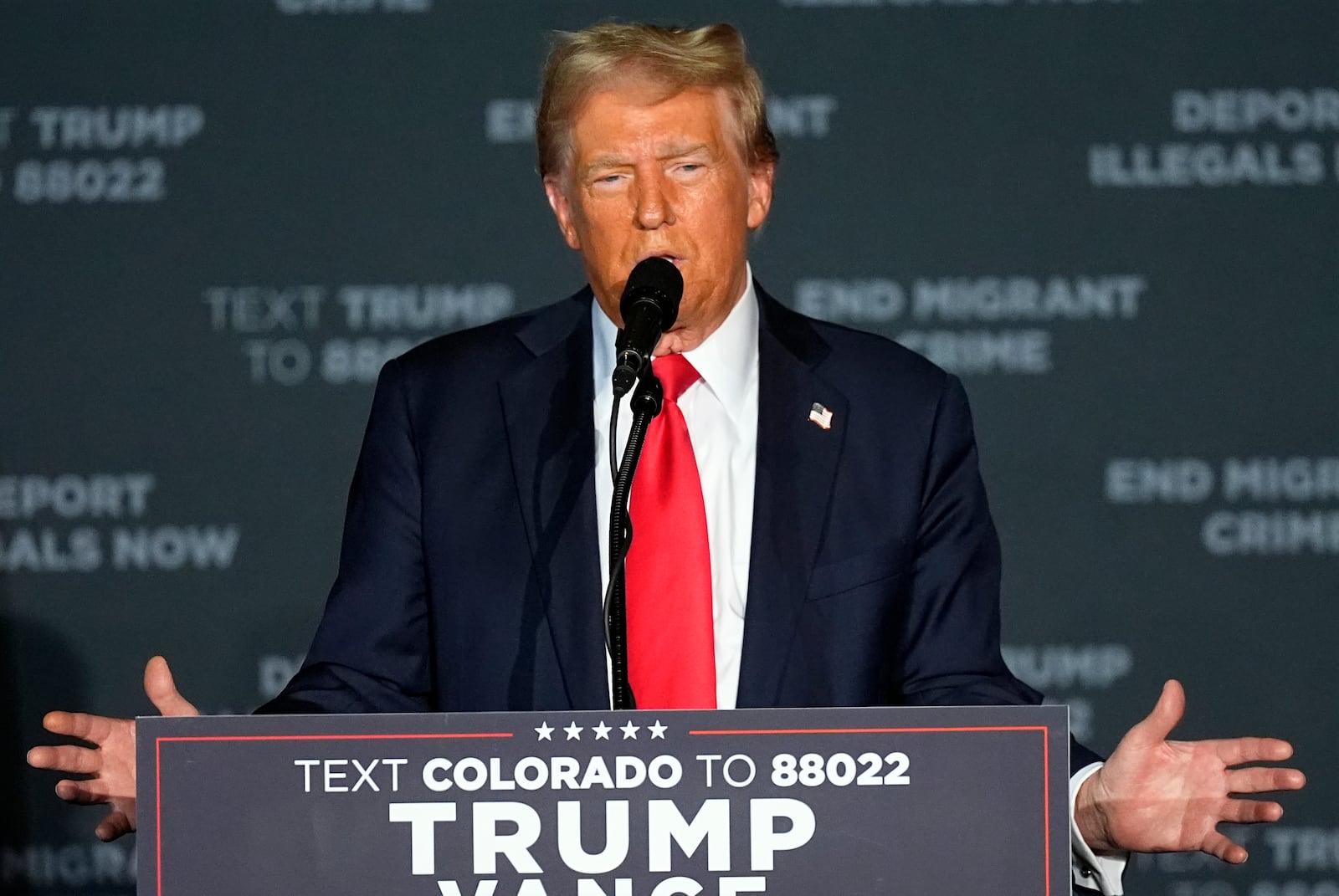 Republican presidential nominee former President Donald Trump speaks at a campaign rally at the Gaylord Rockies Resort and Convention Center Friday, Oct. 11, 2024, in Aurora, Colo. (AP Photo/David Zalubowski)