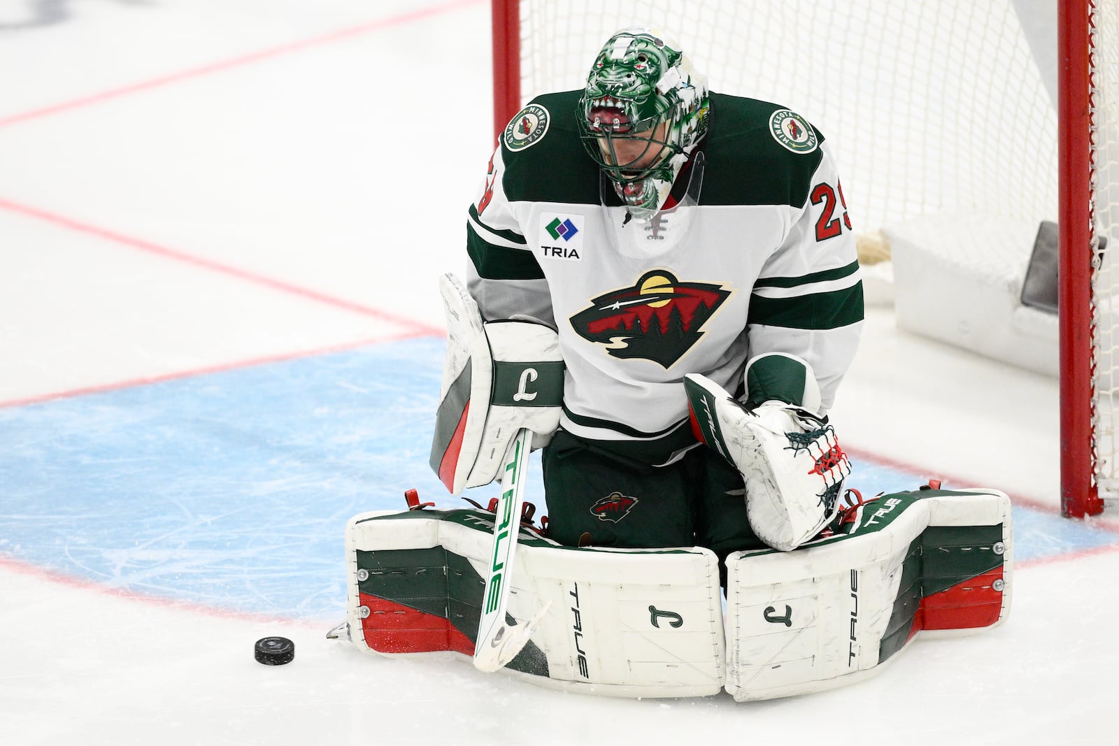 Minnesota Wild goaltender Marc-Andre Fleury (29) stops the puck during the third period of an NHL hockey game against the Washington Capitals, Thursday, Jan. 2, 2025, in Washington. The Wild won 4-3 in a shootout. (AP Photo/Nick Wass)