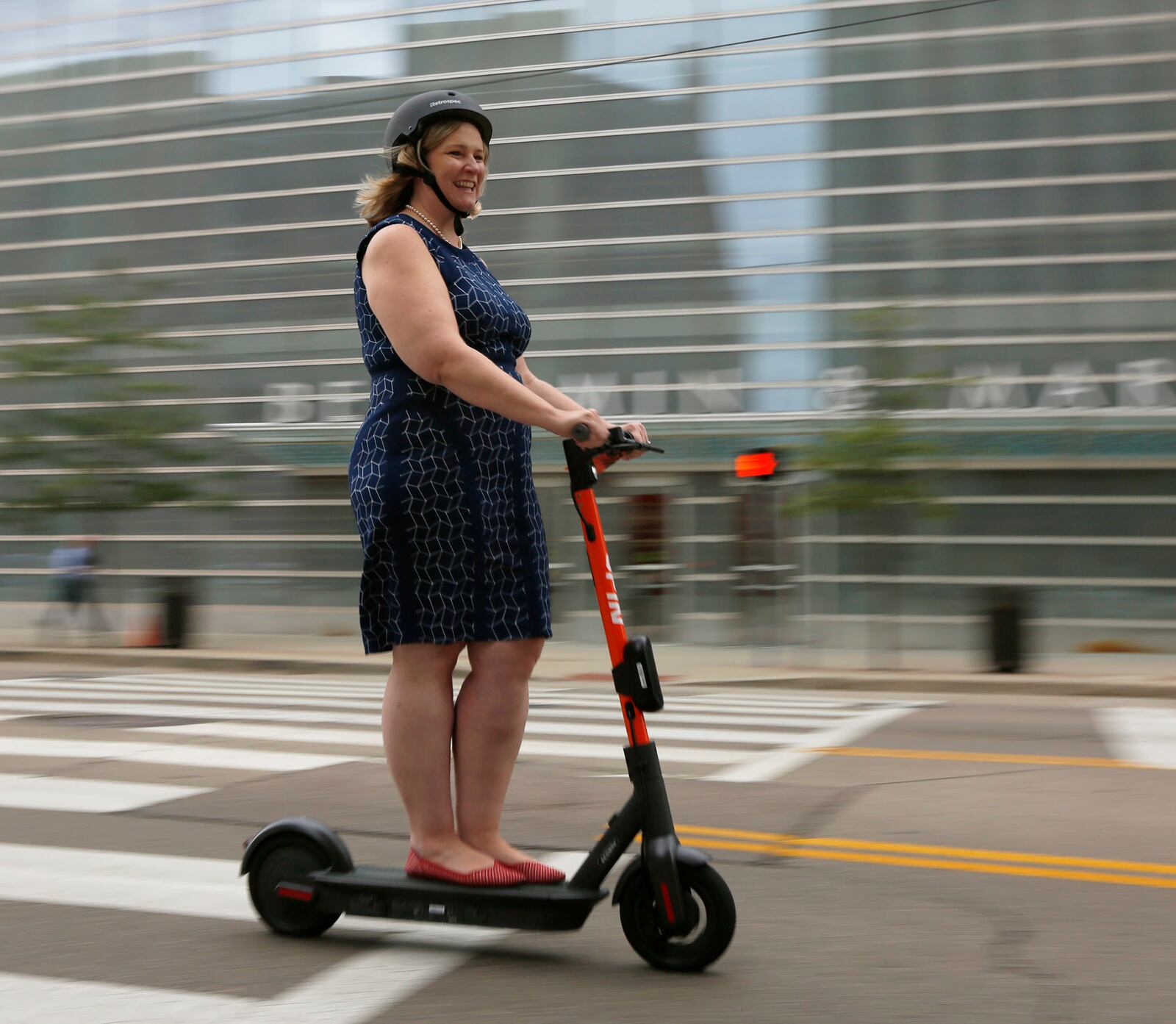 Greater Dayton  RTA held a launch party to introduce scooters to the city of Dayton. Spin Electric Scooters were available for test rides at Courthouse Square on Wednesday. Dayton residents, civic leaders, Dayton Police and Fire Department members rode the scooters a few blocks around downtown Dayton. Mayor Nan Whaley rides east on Second Street.  TY GREENLEES / STAFF