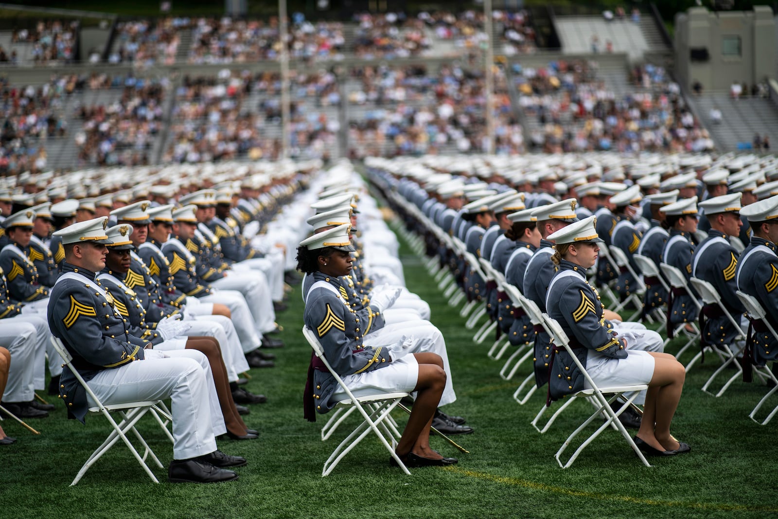 FILE - United States Military Academy graduating cadets sit during their graduation ceremony of the class of 2021 at Michie Stadium on Saturday, May 22, 2021, in West Point, N.Y. (AP Photo/Eduardo Munoz Alvarez, File)