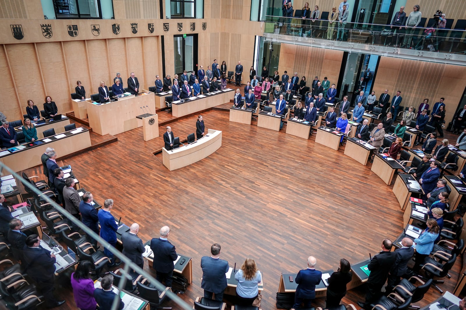 Members of the Federal Council pay tribute to the deceased former Federal President Horst Köhler following the attack in Munich, Friday, Feb.14, 2025. (Kay Nietfeld/dpa via AP)