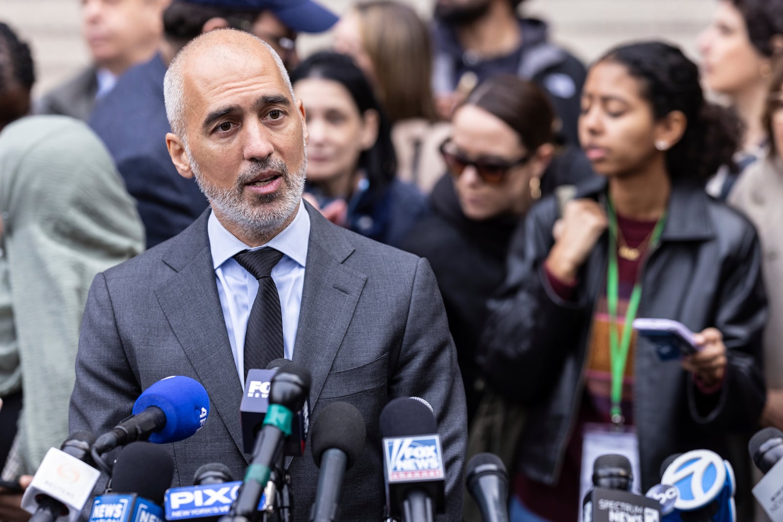 Professor of Law and Founding Director of CLEAR at the City University of New York, Ramzi Kassem speaks to the media after attending a hearing in Manhattan federal court addressing the deportation case of Mahmoud Khalil, Wednesday, March 12, 2025, in New York. (AP Photo/Stefan Jeremiah)