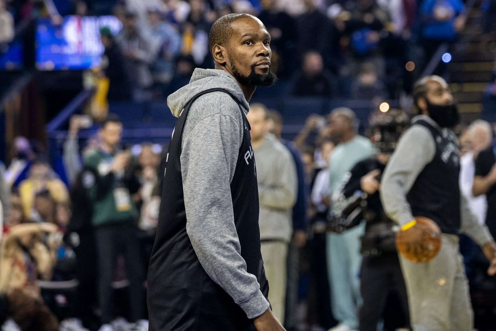 Phoenix Suns power forward Kevin Durant looks on during All-Star Practice in Oakland, Calif., Saturday, Feb. 15, 2025, in Oakland, Calif (Stephen Lam/San Francisco Chronicle via AP)