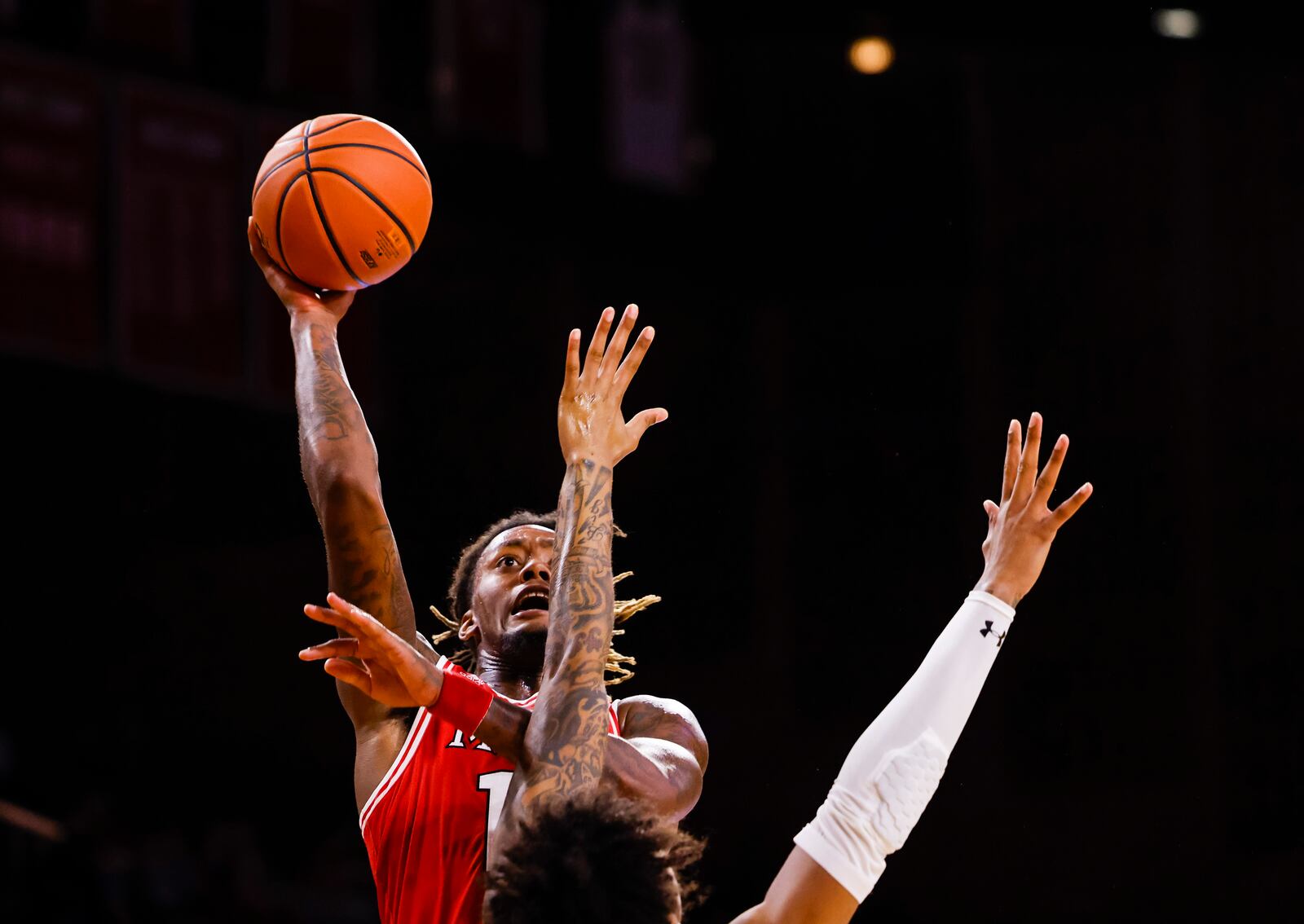 Miami University's Dalonte Brown puts up a shot during their basketball game against University of Cincinnati Wednesday, Dec. 1, 2021 at Millett Hall on Miami University campus in Oxford. University of Cincinnati won 59-58. NICK GRAHAM / STAFF