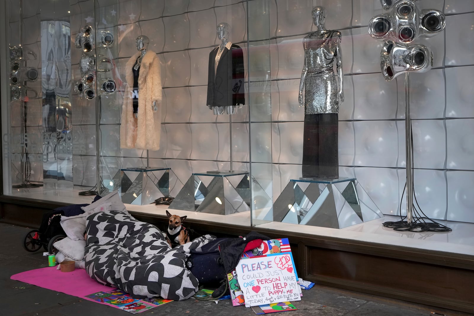 A man sleeps alongside his dog outside a festive shop window in Oxford Street in London, Friday, Nov. 15, 2024. (AP Photo/Kirsty Wigglesworth)