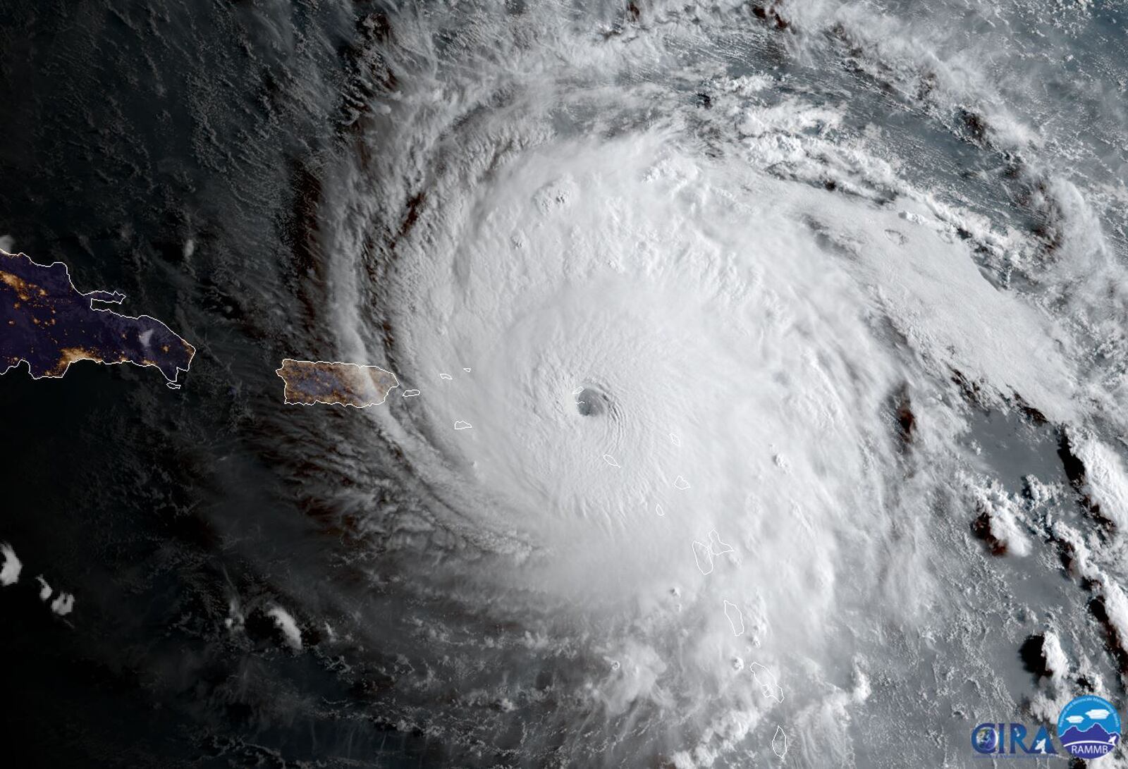 In this geocolor image captured by GOES-16 and released by the National Oceanic and Atmospheric Administration (NOAA), Hurricane Irma approaches Anguilla on Wednesday, Sept. 6, 2017. The most powerful Atlantic Ocean hurricane in recorded history has roared into the Caribbean, its winds ripping off roofs and knocking out phones. It's on a path toward Puerto Rico, the Dominican Republic, Haiti and Cuba before possibly hitting Florida. (NOAA via AP)