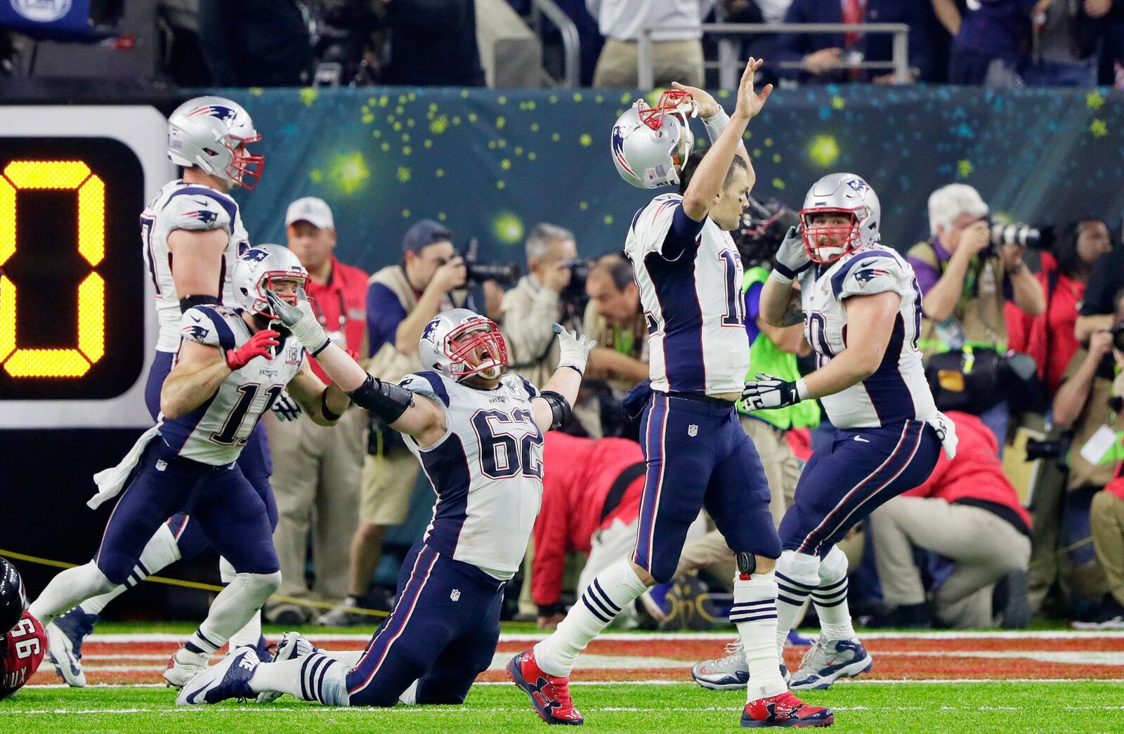 HOUSTON, TX - FEBRUARY 05: Tom Brady #12 of the New England Patriots reacts after defeating the Atlanta Falcons 34-38 in overtime during Super Bowl 51 at NRG Stadium on February 5, 2017 in Houston, Texas. (Photo by Jamie Squire/Getty Images)