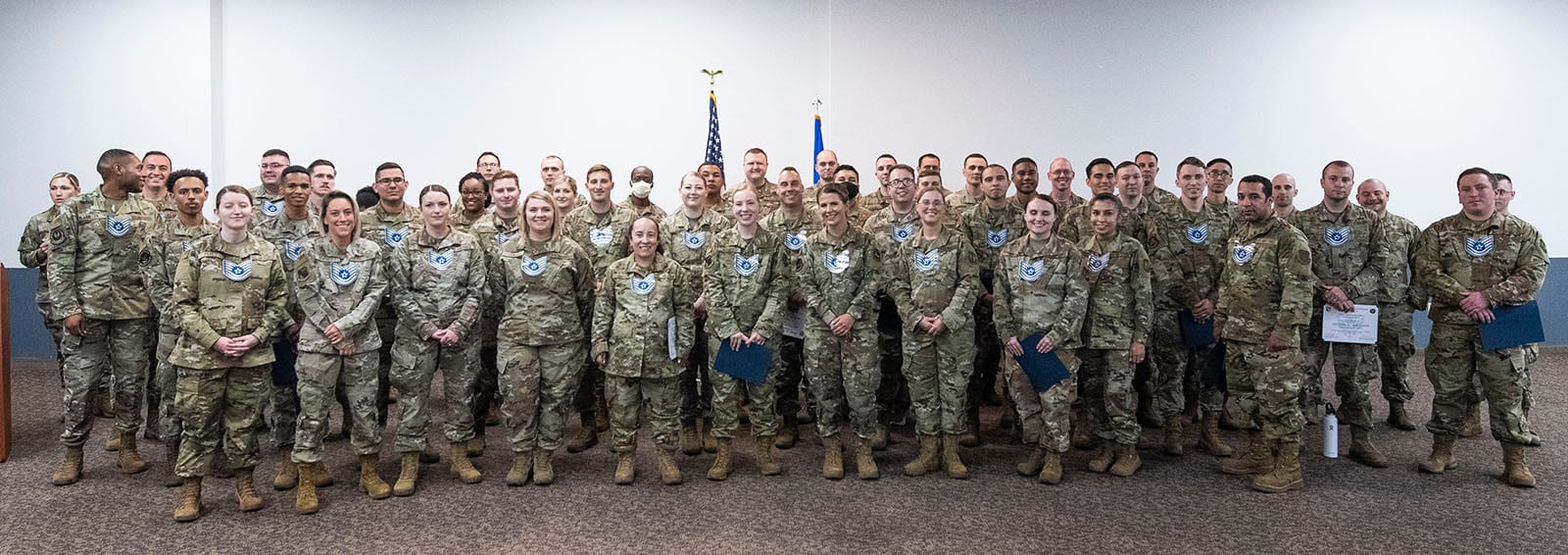 Team Wright-Patt members selected for promotion pose for a group photo during the 2021 Technical Sergeant Release Party at the Hope Hotel near Wright-Patterson Air Force Base on June 30. This year, 26.94% of eligible staff sergeants across the Air Force were promoted. U.S. AIR FORCE PHOTO/WESLEY FARNSWORTH