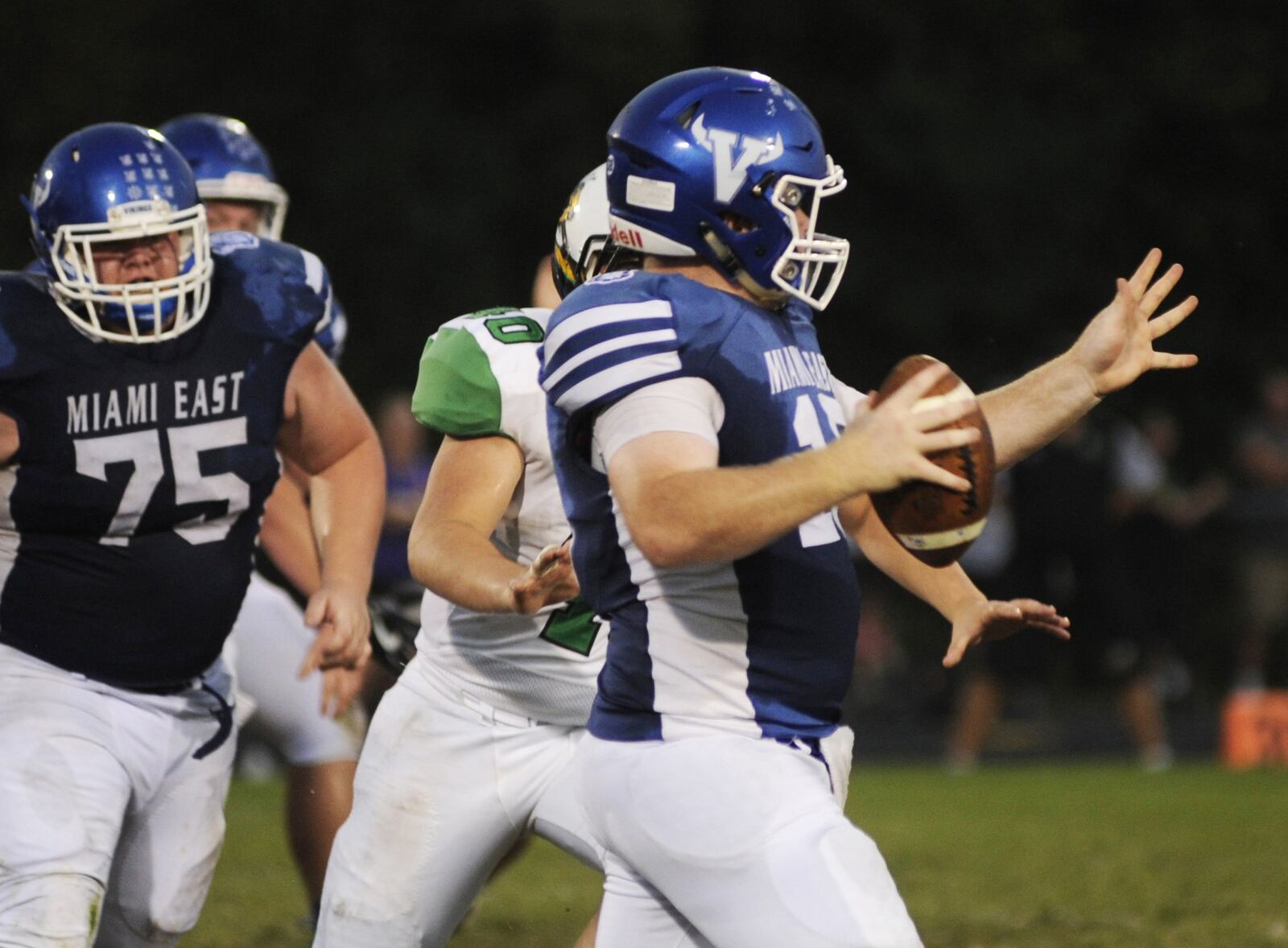 Miami East senior QB Ian Gengler directed the Vikings to a 52-28 defeat of visiting Bethel in a Week 5 high school football game on Thursday, Sept. 20, 2018. MARC PENDLETON / STAFF