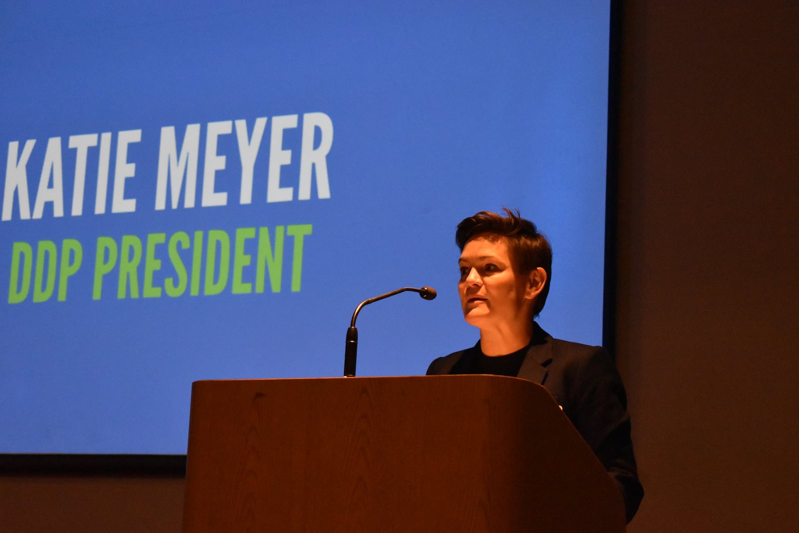 Katie Meyer, the new president of the Downtown Dayton Partnership, speaks on Tuesday, Nov. 14, 2023, at the Special Improvement District annual meeting. CORNELIUS FROLIK / STAFF