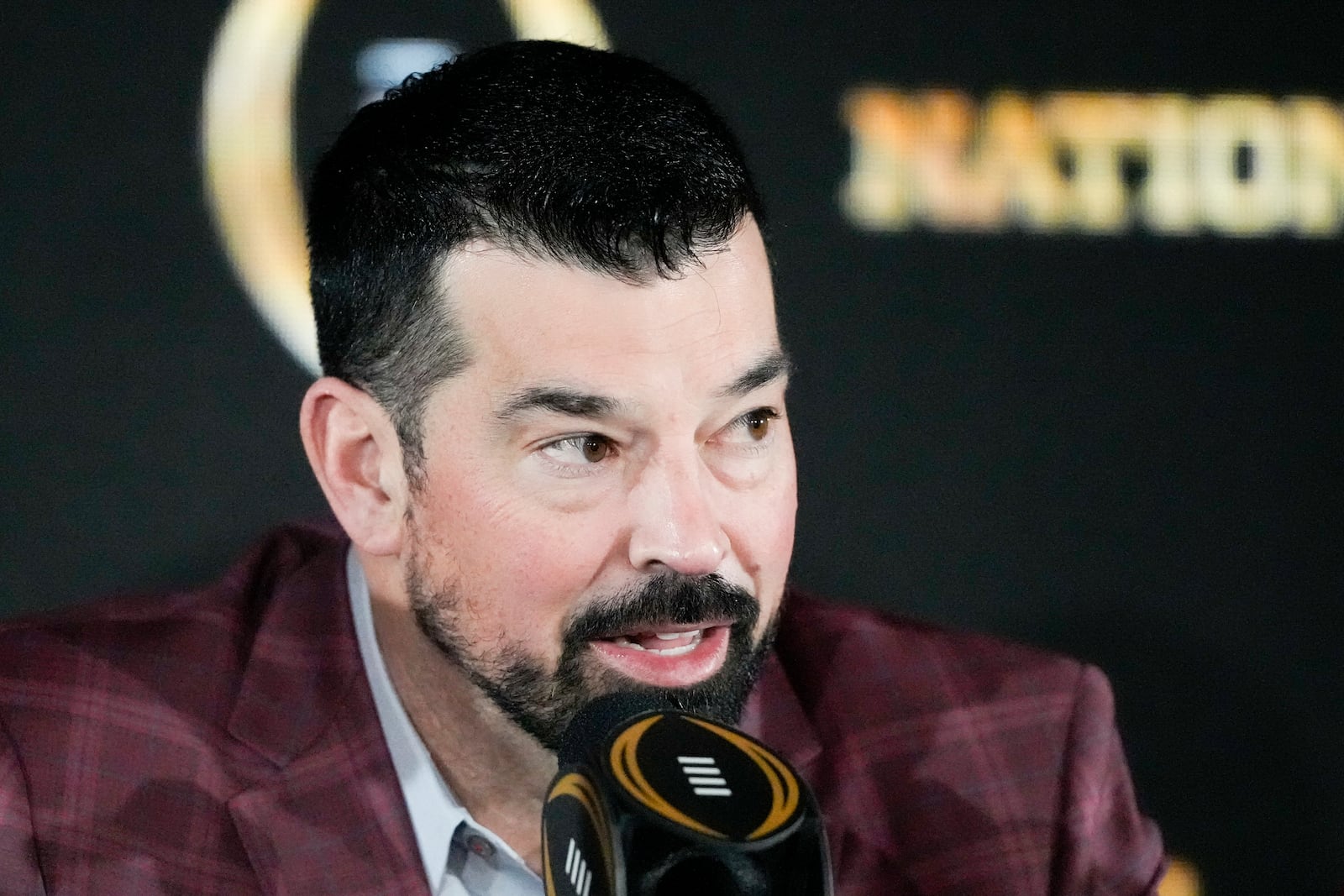 Ohio State head coach Ryan Day speaks during the winners news conference after the College Football Playoff national championship game against Notre Dame Tuesday, Jan. 21, 2025, in Atlanta. (AP Photo/Chris Carlson)